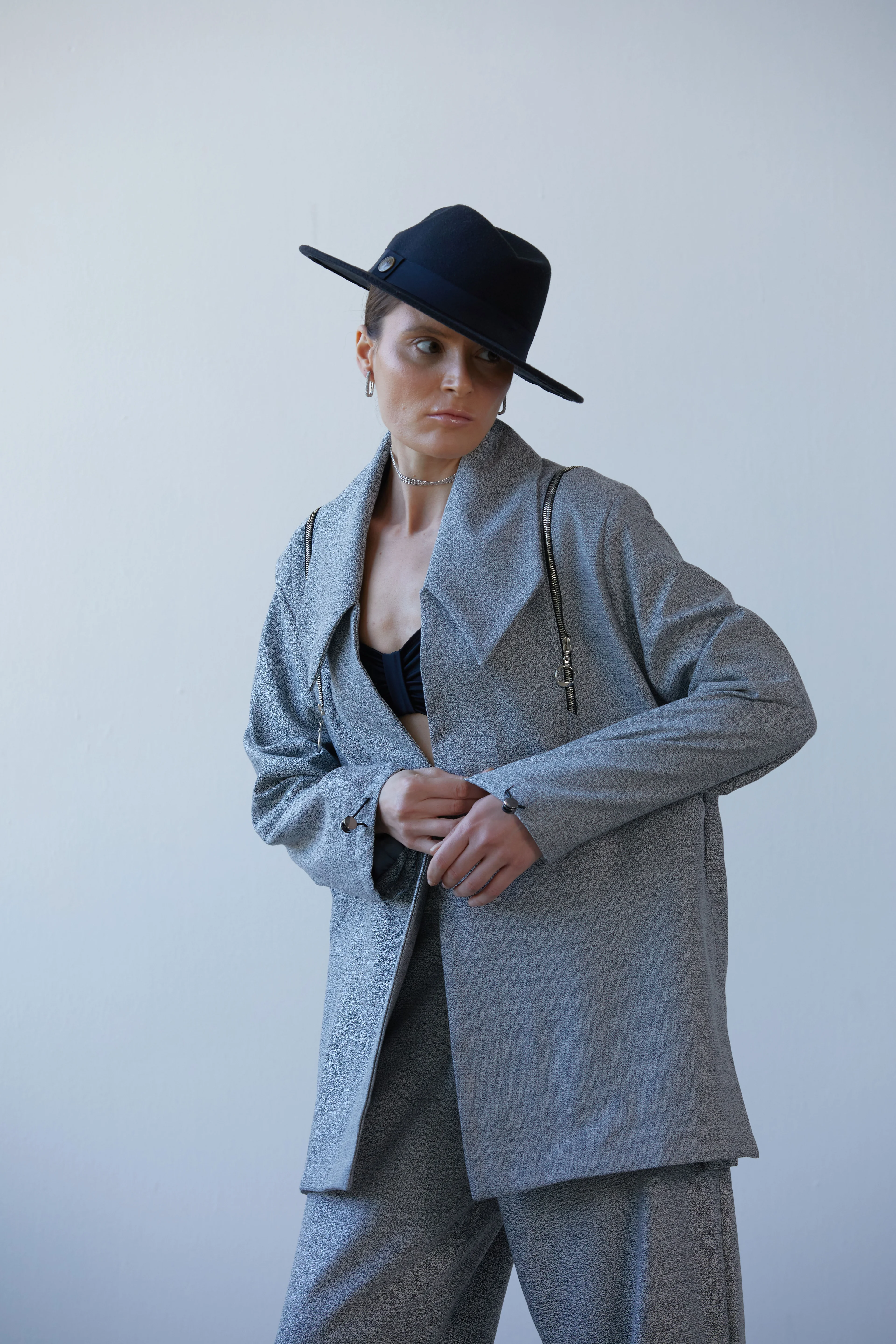 Lofibuy | Fermuar Detaylı Unisex Tie Collar Oversize Takım - Piramit