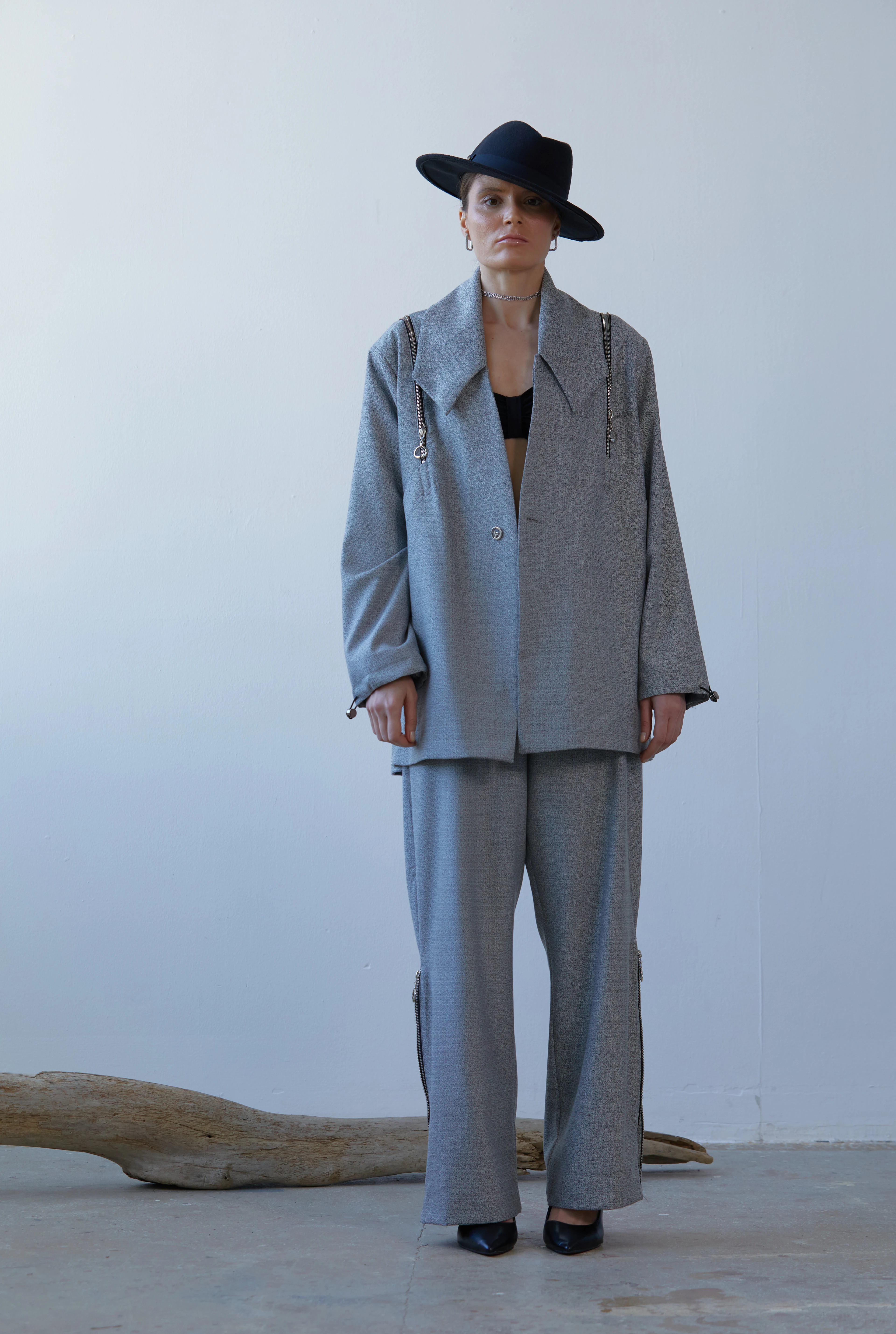 Lofibuy | Fermuar Detaylı Unisex Tie Collar Oversize Takım - Piramit