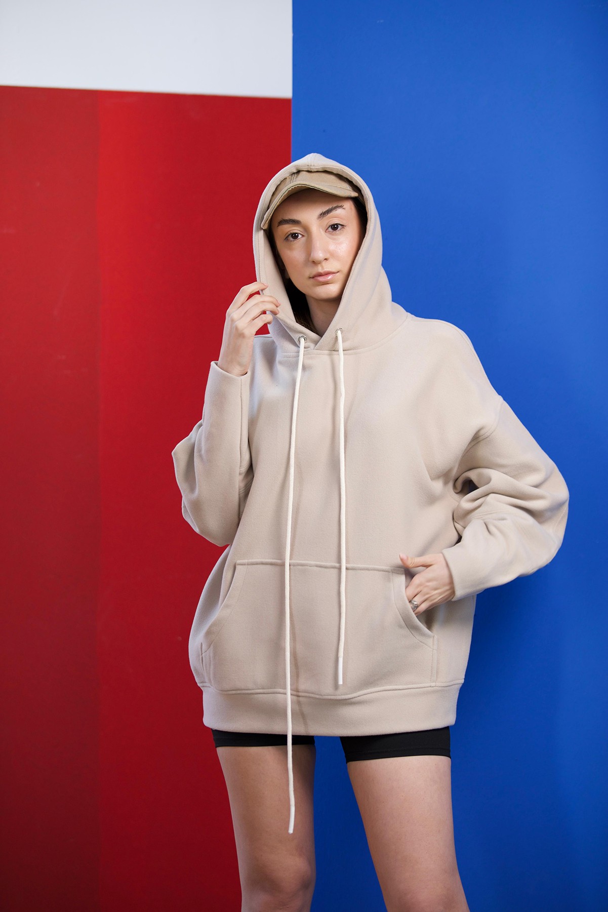 Lofibuy | Unisex Oversize Kapüşonlu Basic Sweatshirt  - Krem