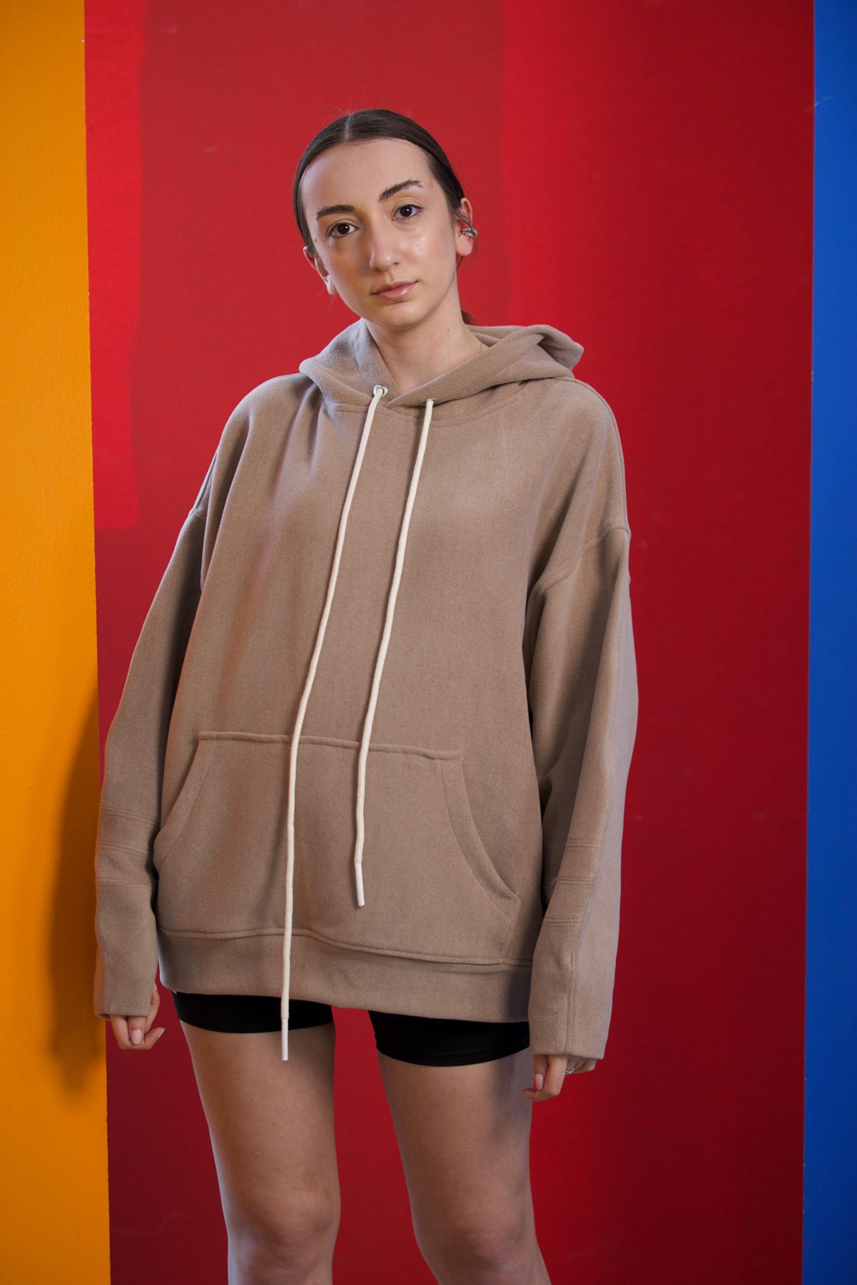 Lofibuy | Unisex Oversize Kapüşonlu Basic Sweatshirt  - Soluk Kahve