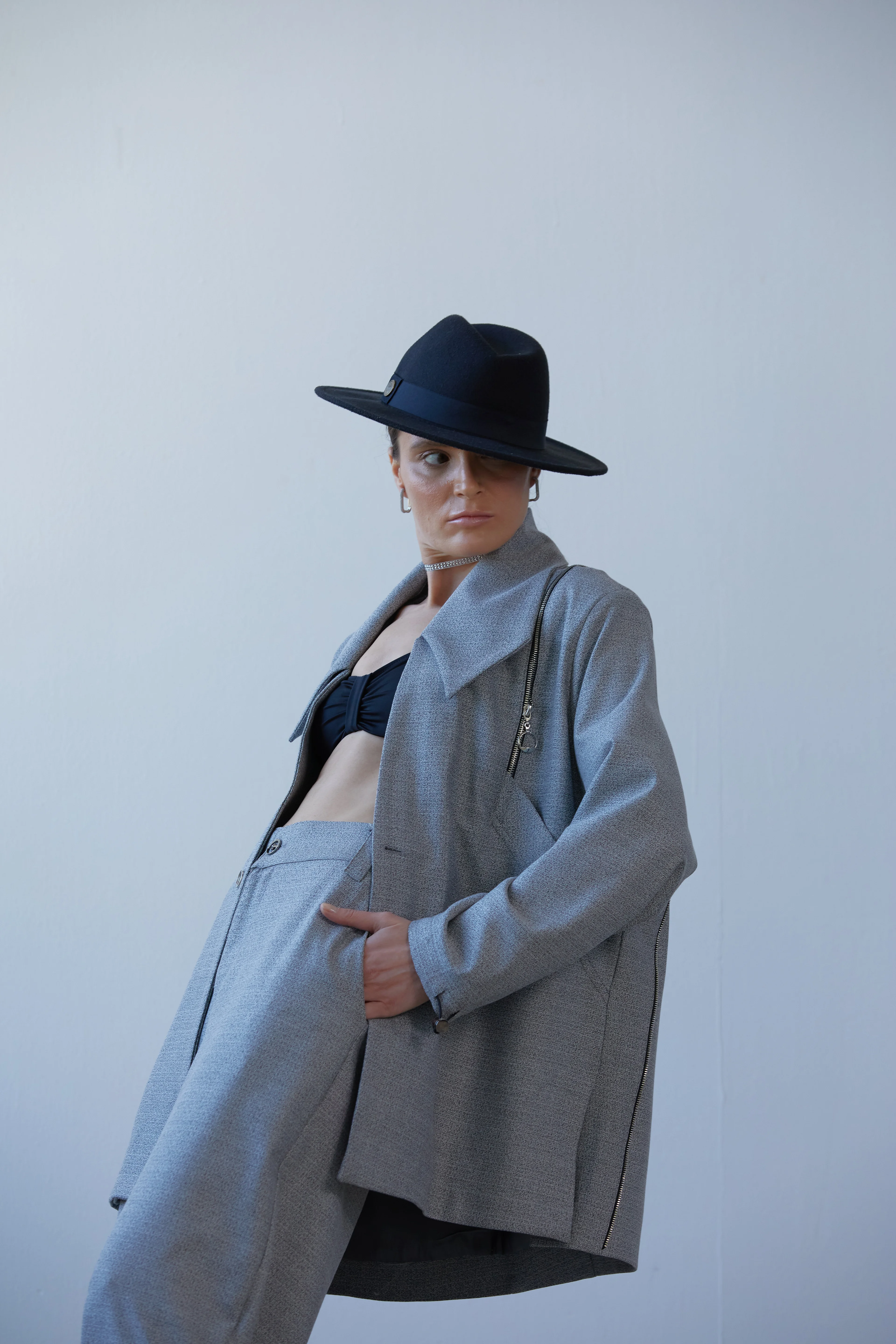 Lofibuy | Fermuar Detaylı Unisex Tie Collar Oversize Takım - Piramit