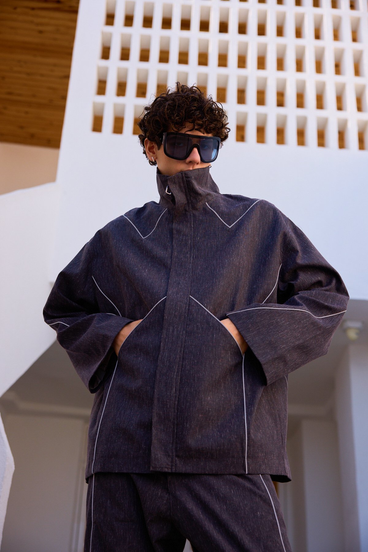 Lofibuy | Unisex Ekoseli Fosfor Şerit Detaylı Oversize Premium Spor Takım - Peri