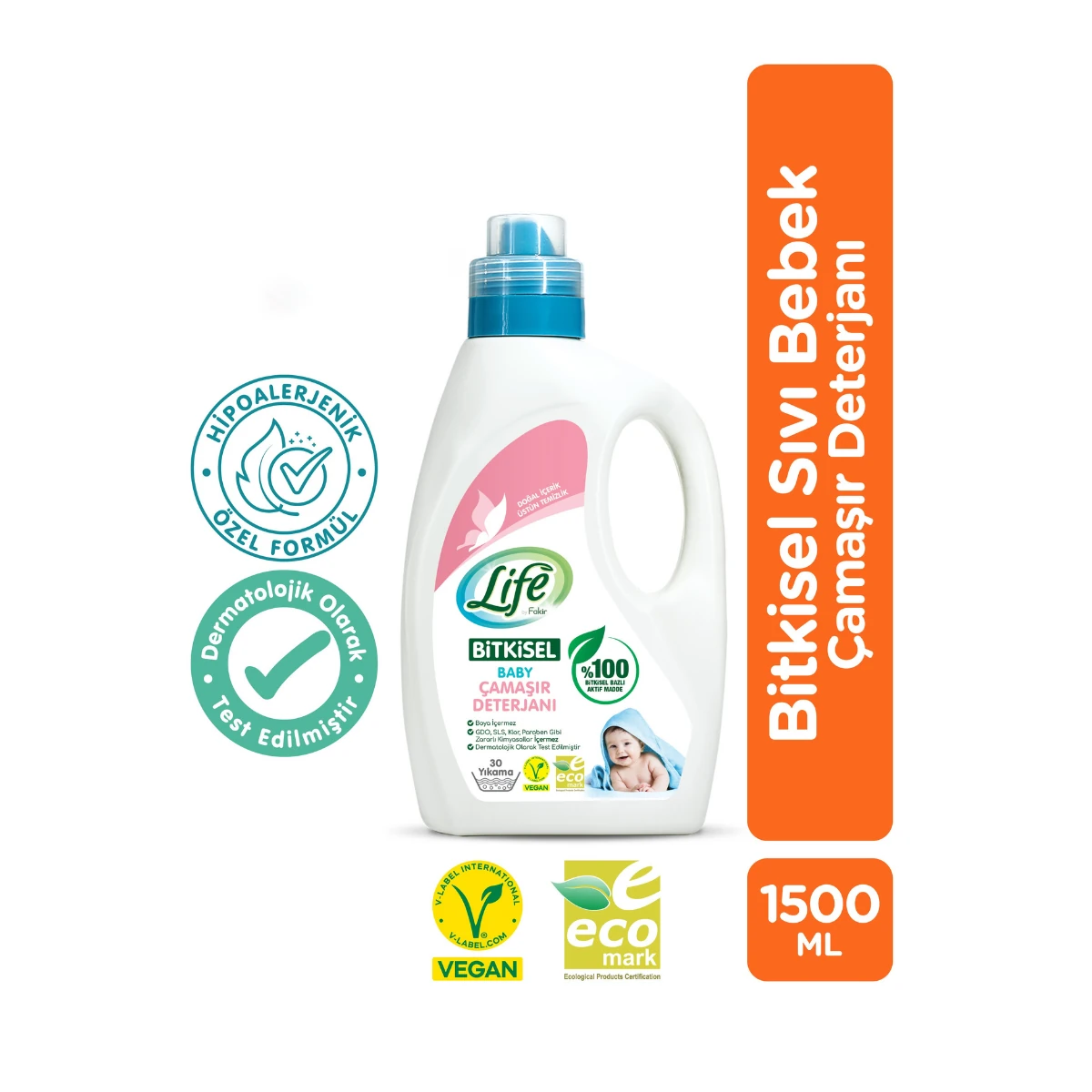 Life By Fakir Bitkisel Bebek Çamaşır Deterjanı 1500 ml – Vegan, Hipoalerjenik, Renkli ve Beyazlar için