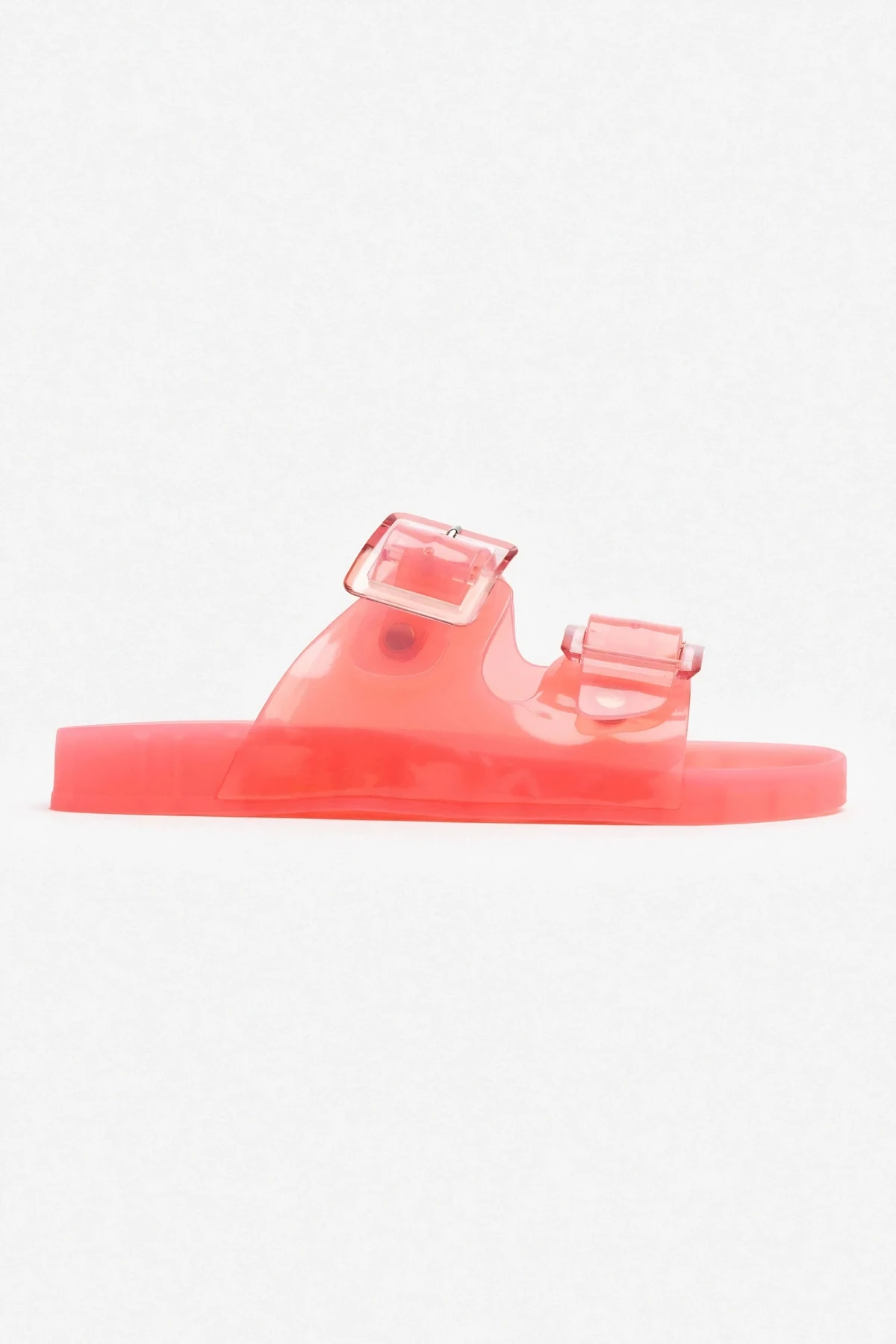 Jelly Pop Şeffaf Gül Kurusu Pembe Çift Toka Detay Düz Taban Kadın Plaj Terlik