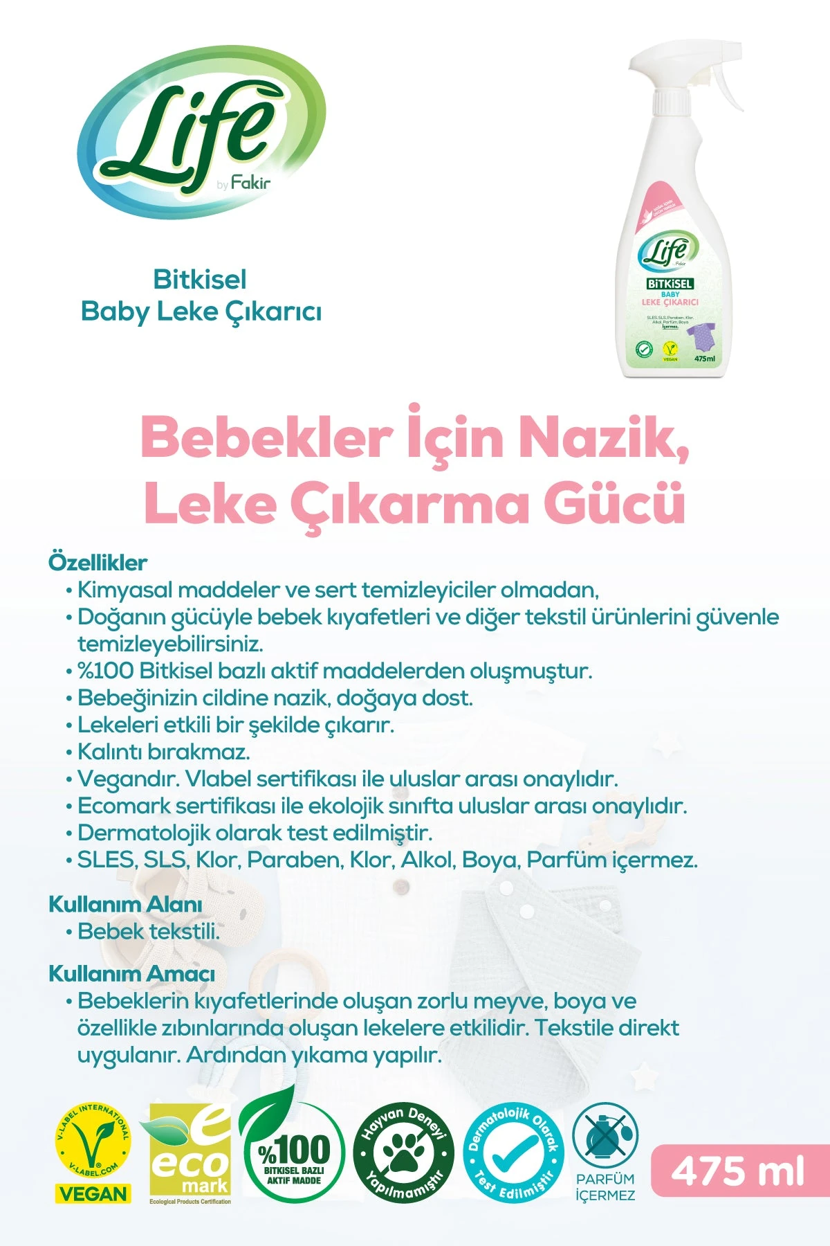 Life By Fakir Bitkisel Parfümsüz Bebek Leke Çıkarıcı 475 ml – Renkli/Beyaz, Kalıntı Bırakmaz