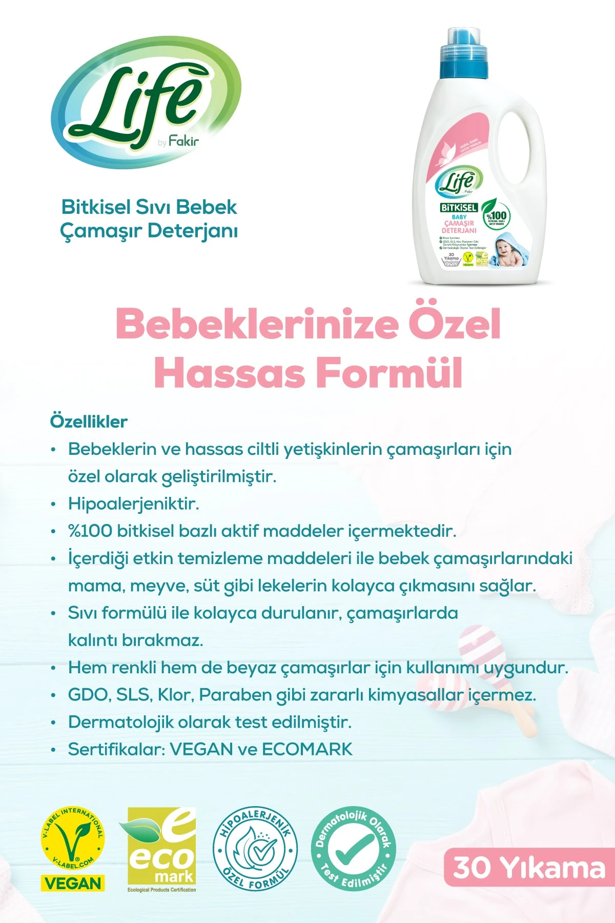 Life By Fakir Bitkisel Bebek Çamaşır Deterjanı 1500 ml – Vegan, Hipoalerjenik, Renkli ve Beyazlar için