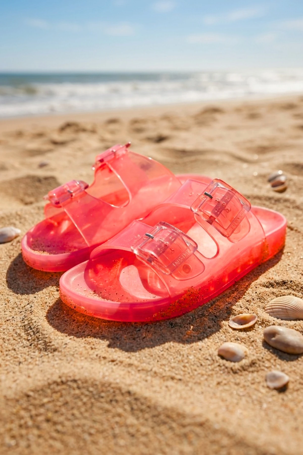 Jelly Pop Şeffaf Gül Kurusu Pembe Çift Toka Detay Düz Taban Kadın Plaj Terlik