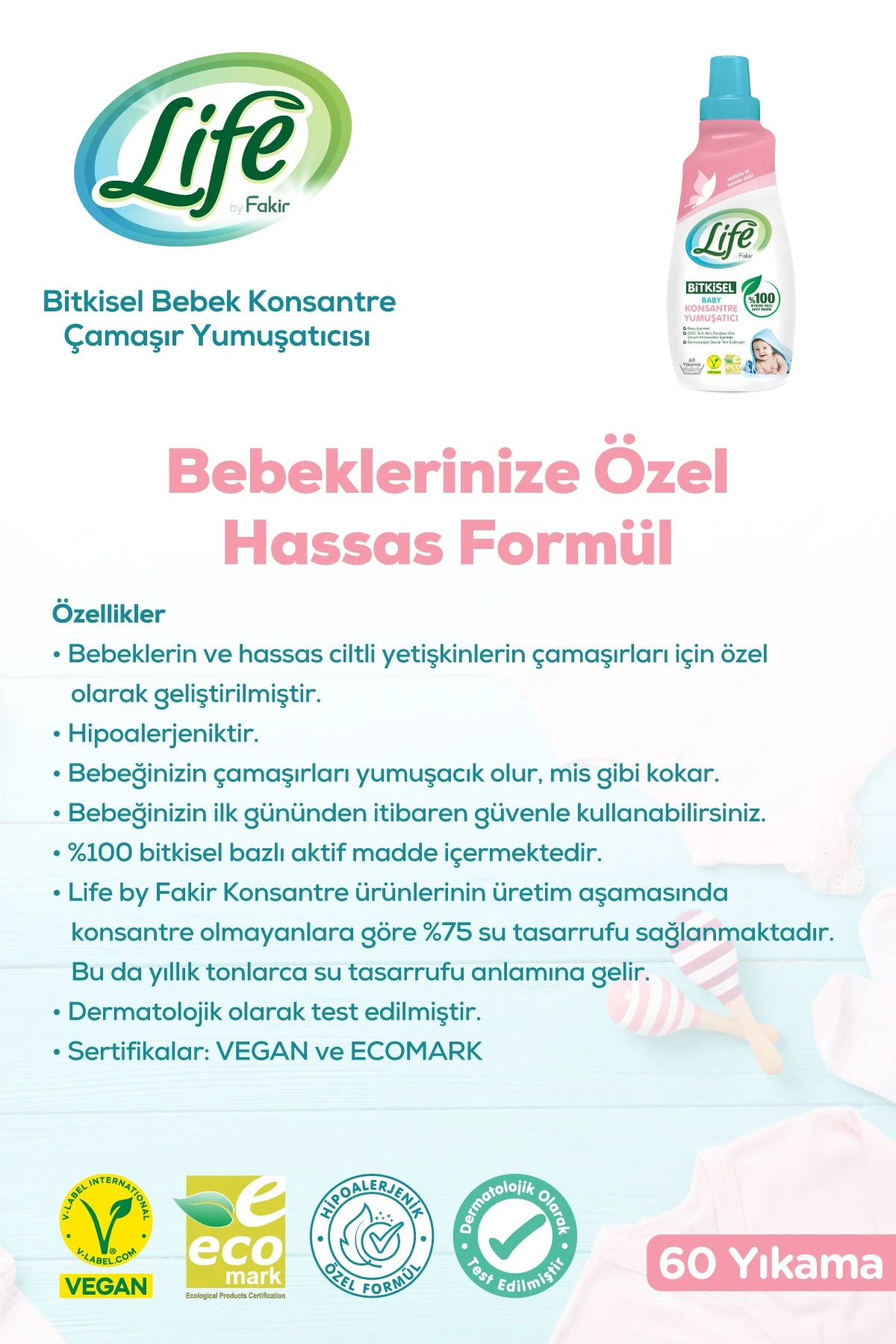 Life By Fakir Bitkisel Bazlı Vegan Bebek Konsantre Yumuşatıcı 1500 ml – Konsantre, Doğal İçerik