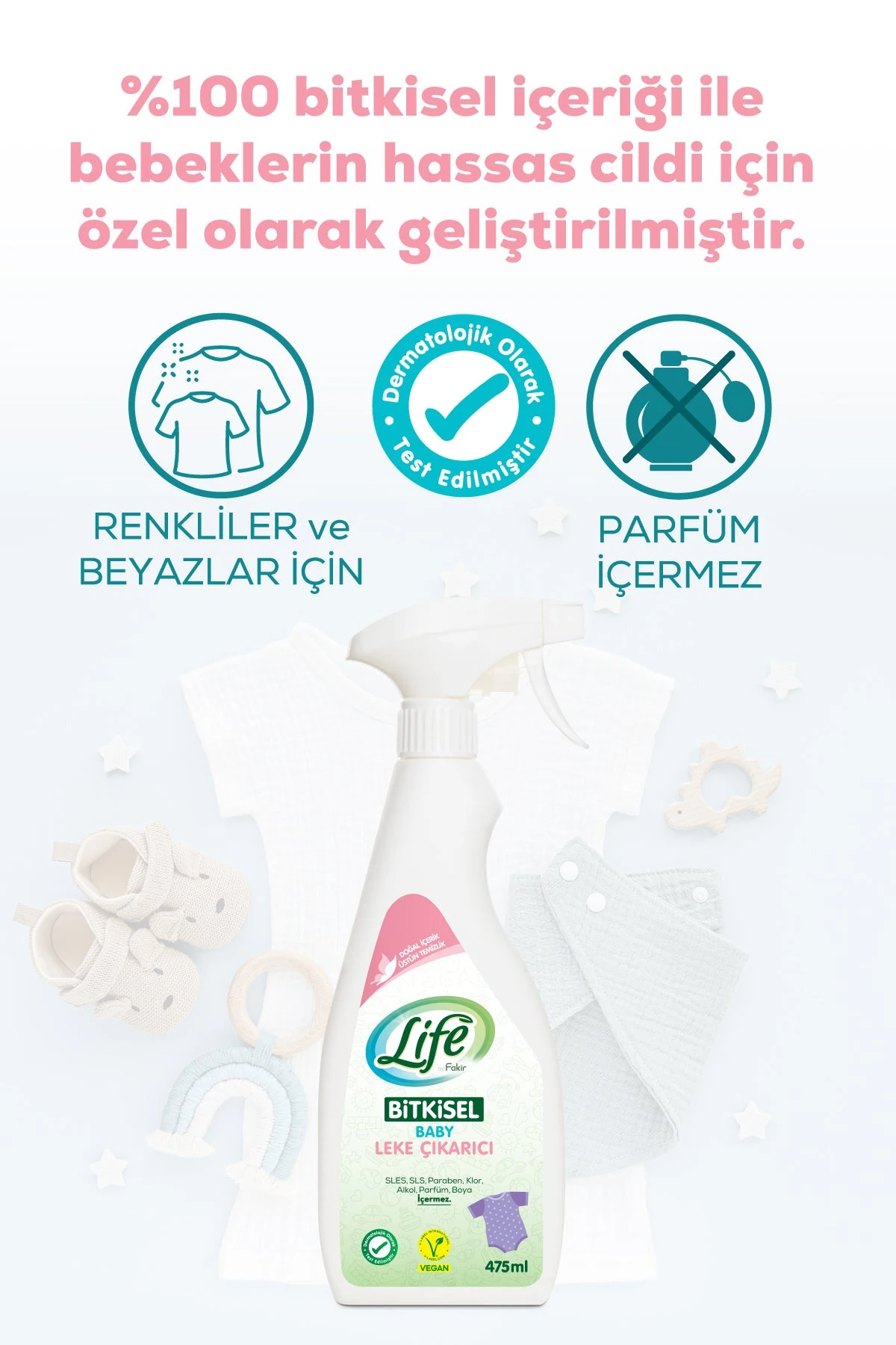 Life By Fakir Bitkisel Parfümsüz Bebek Leke Çıkarıcı 475 ml – Renkli/Beyaz, Kalıntı Bırakmaz