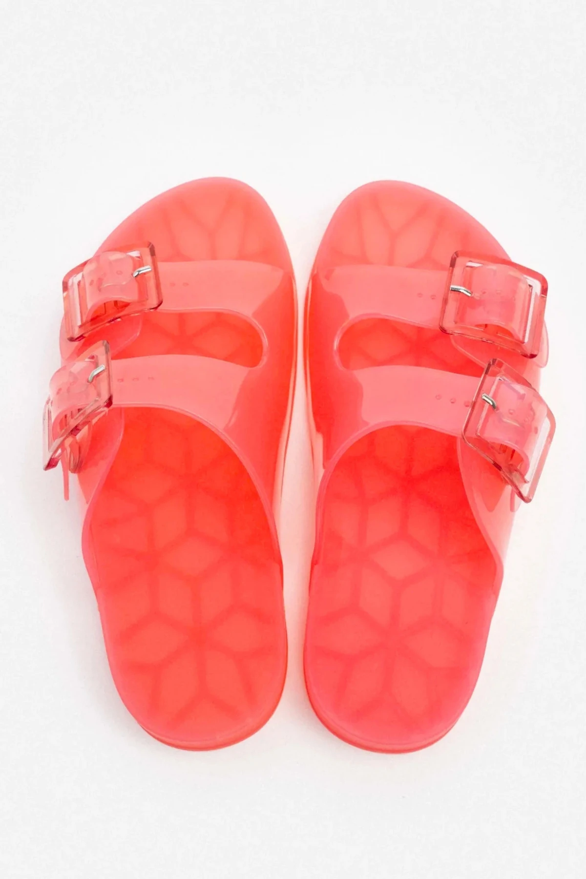 Jelly Pop Şeffaf Gül Kurusu Pembe Çift Toka Detay Düz Taban Kadın Plaj Terlik