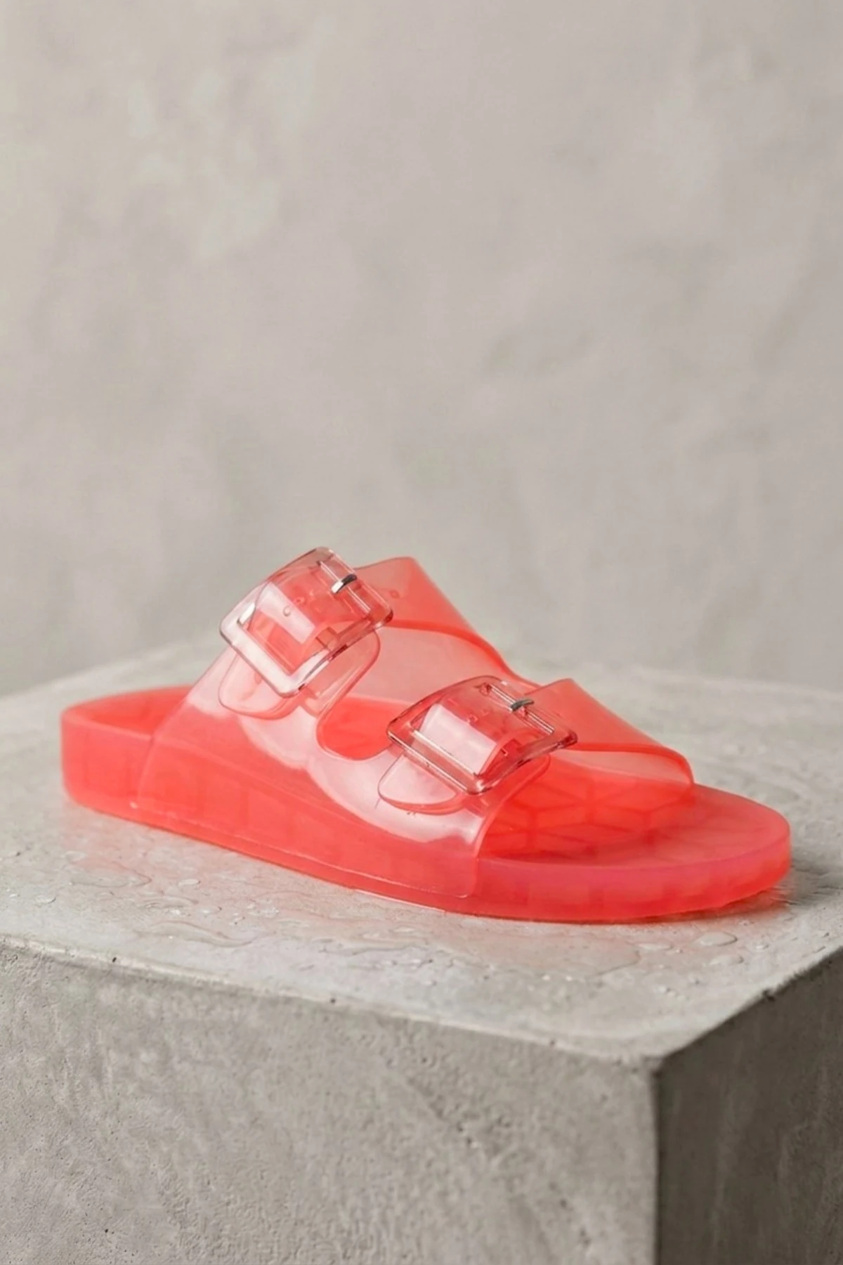 Jelly Pop Şeffaf Gül Kurusu Pembe Çift Toka Detay Düz Taban Kadın Plaj Terlik