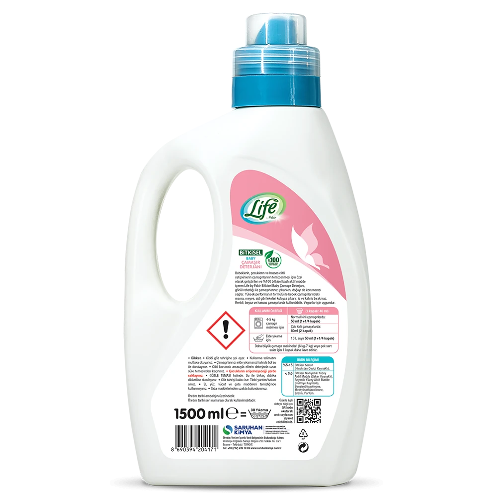Life By Fakir Bitkisel Bebek Çamaşır Deterjanı 1500 ml – Vegan, Hipoalerjenik, Renkli ve Beyazlar için