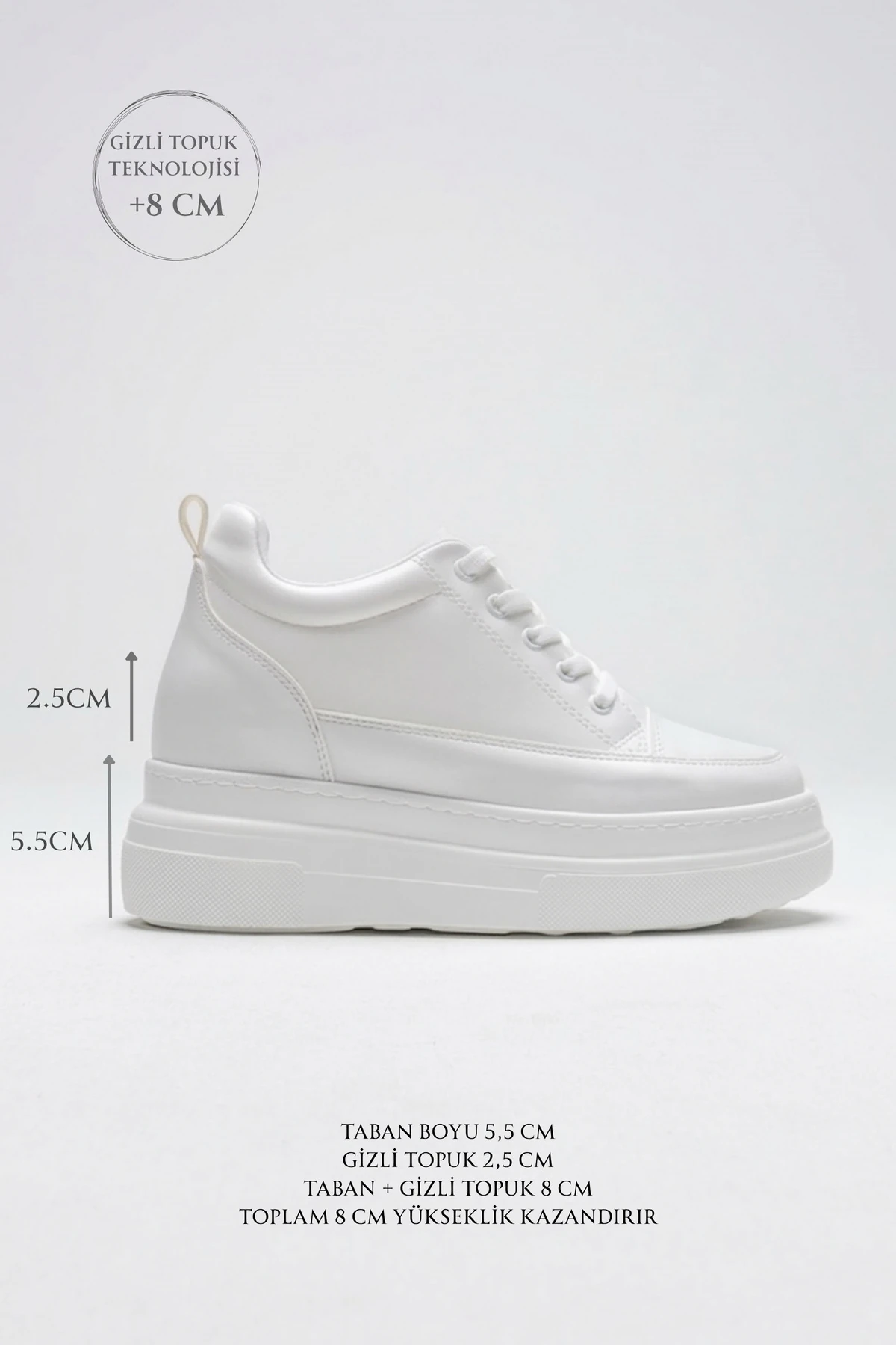 CloudLift Kadın Beyaz Gizli Topuk Bağcıklı Sneaker Günlük Rahat Spor Ayakkabı Boy Uzatan 8cm