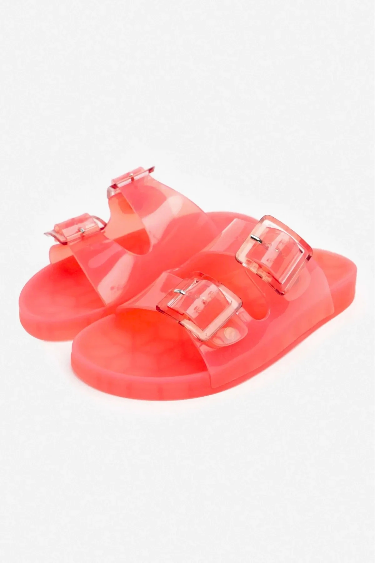 Jelly Pop Şeffaf Gül Kurusu Pembe Çift Toka Detay Düz Taban Kadın Plaj Terlik