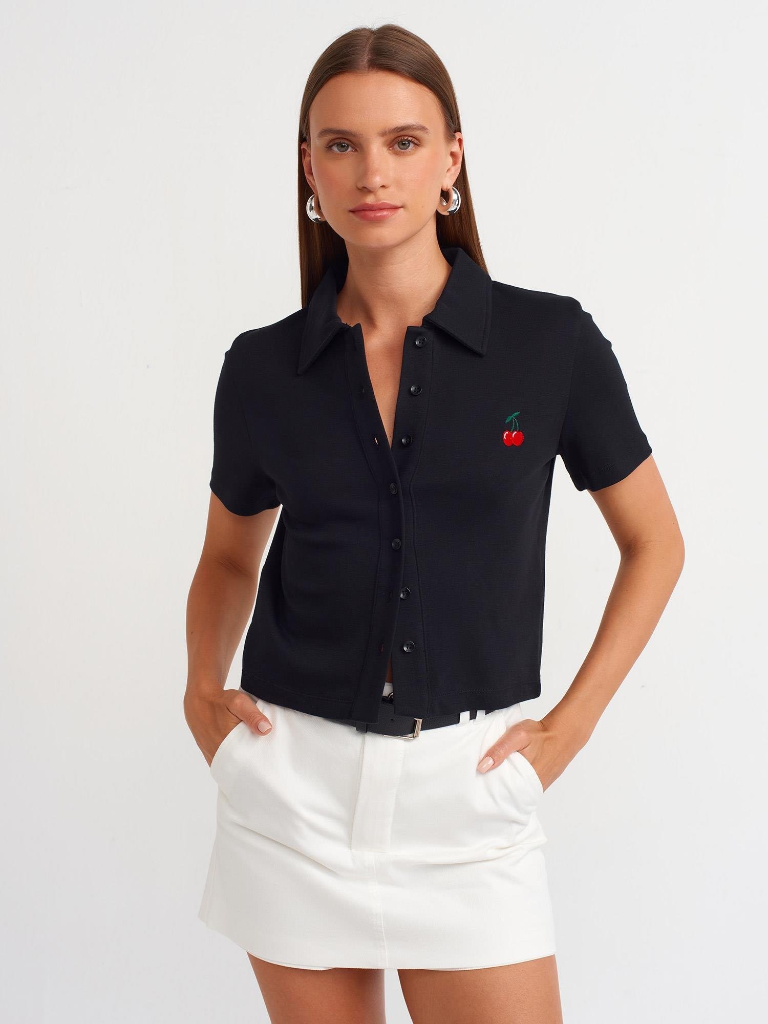 31006 Polo Yaka Nakışlı T-Shirt Siyah