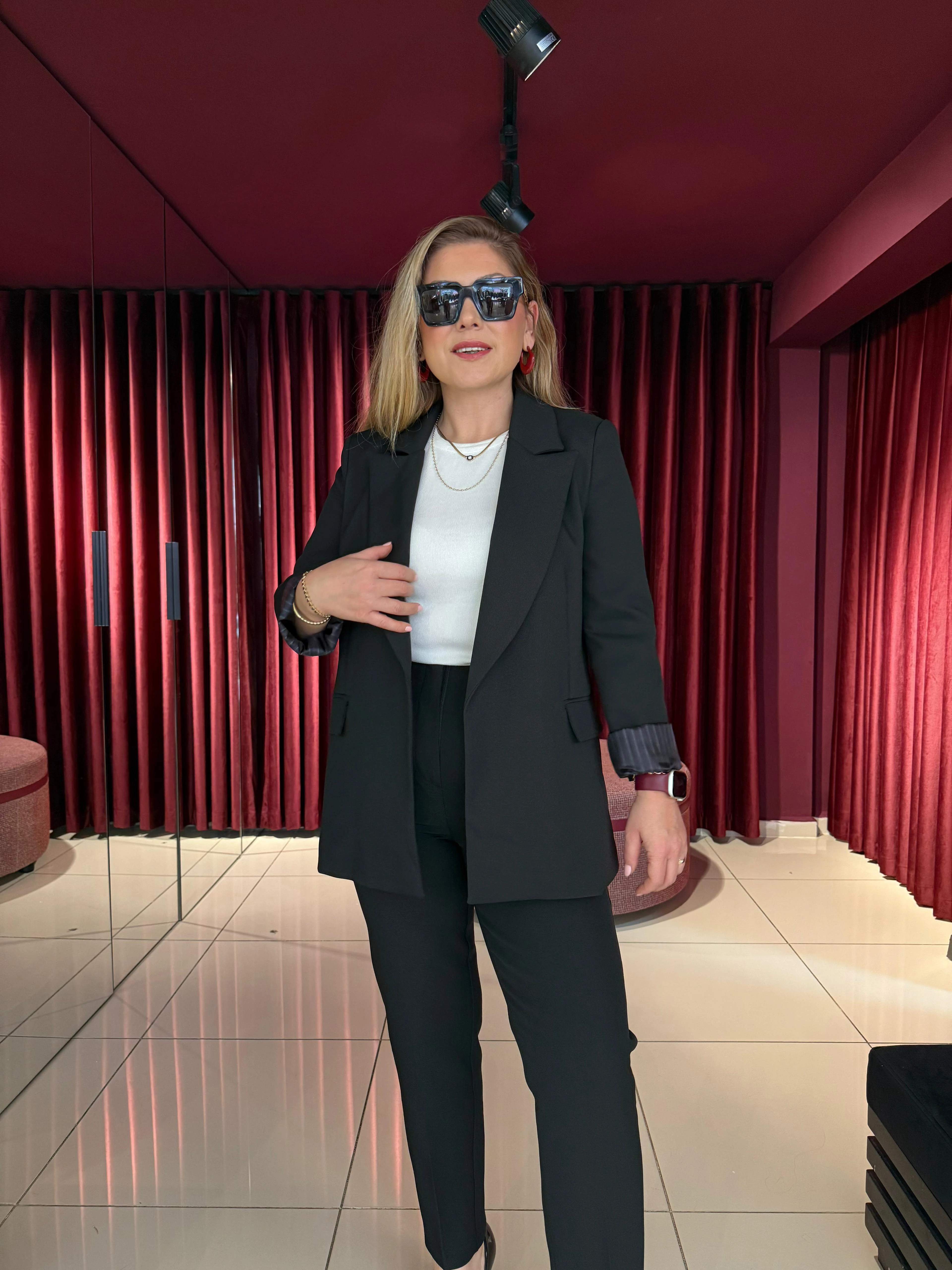 Desenli Manşetli Blazer Ceket - Siyah