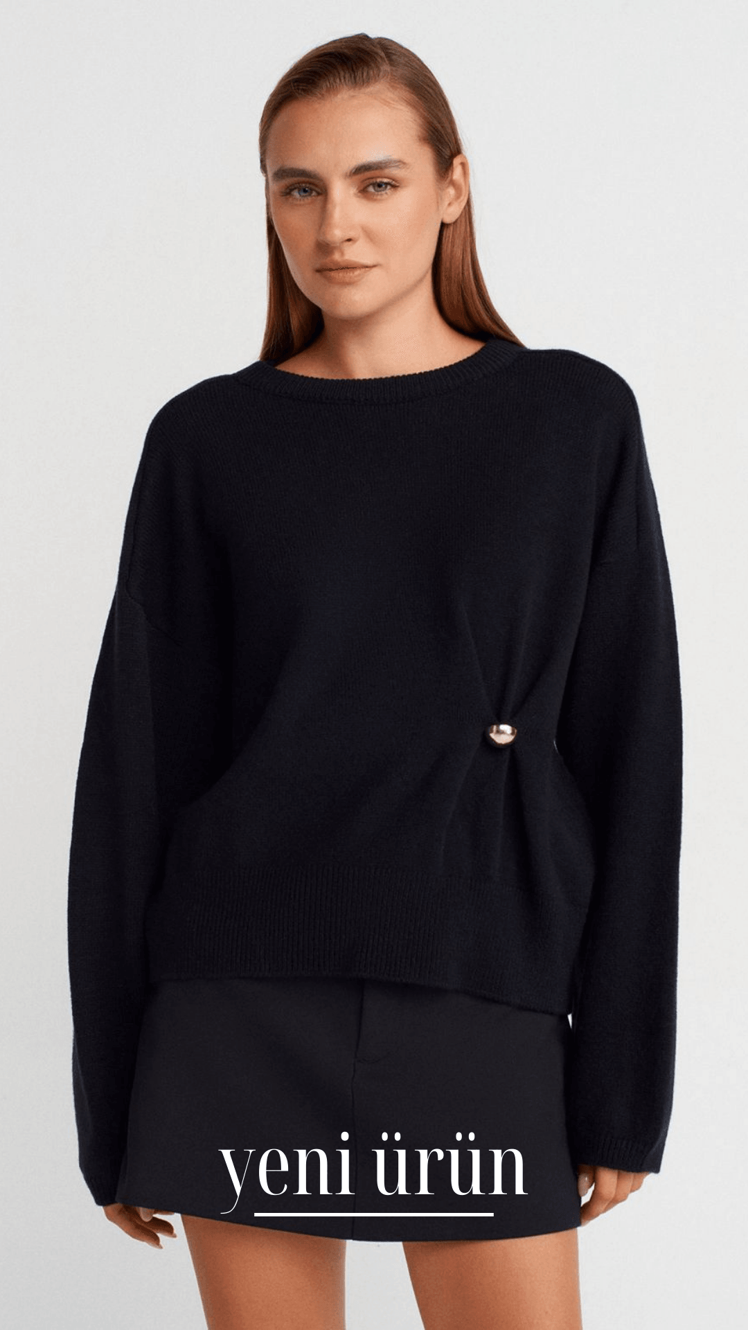 Bisiklet Yaka Büzgü Düğme Detaylı Yünlü Triko