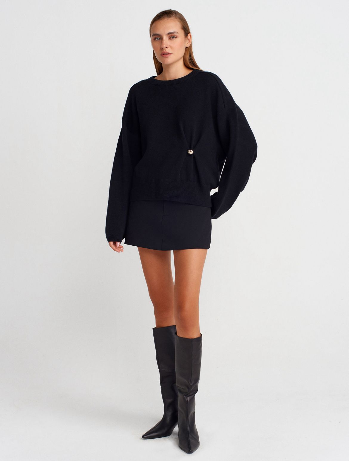 Bisiklet Yaka Büzgü Düğme Detaylı Yünlü Triko