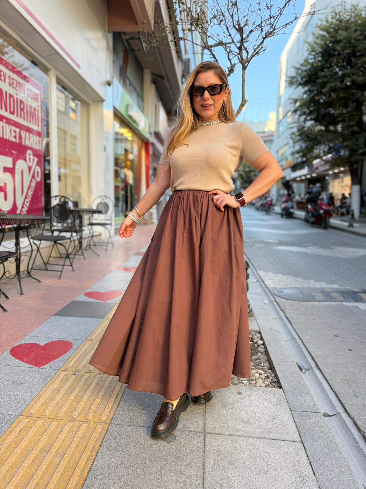 Yüksek Bel Pileli Maksi Etek - Kahverengi
