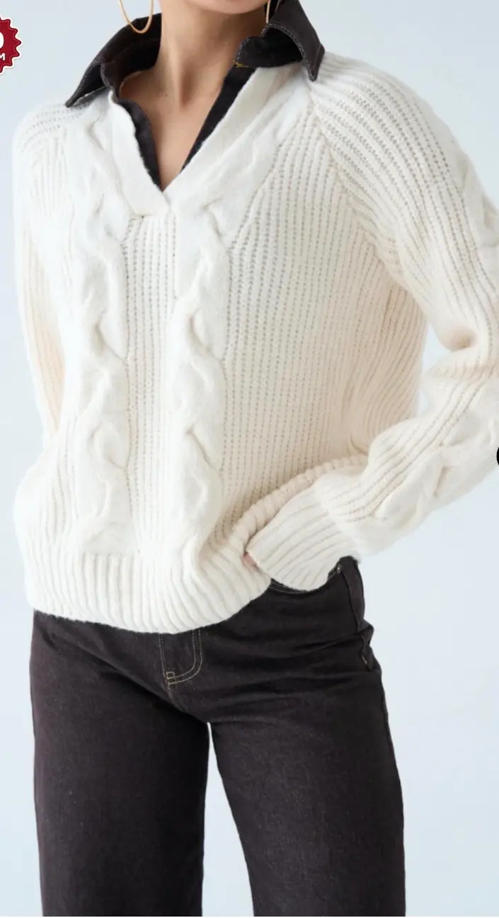 Yakası Kahve Detaylı Örme Krem Kazak