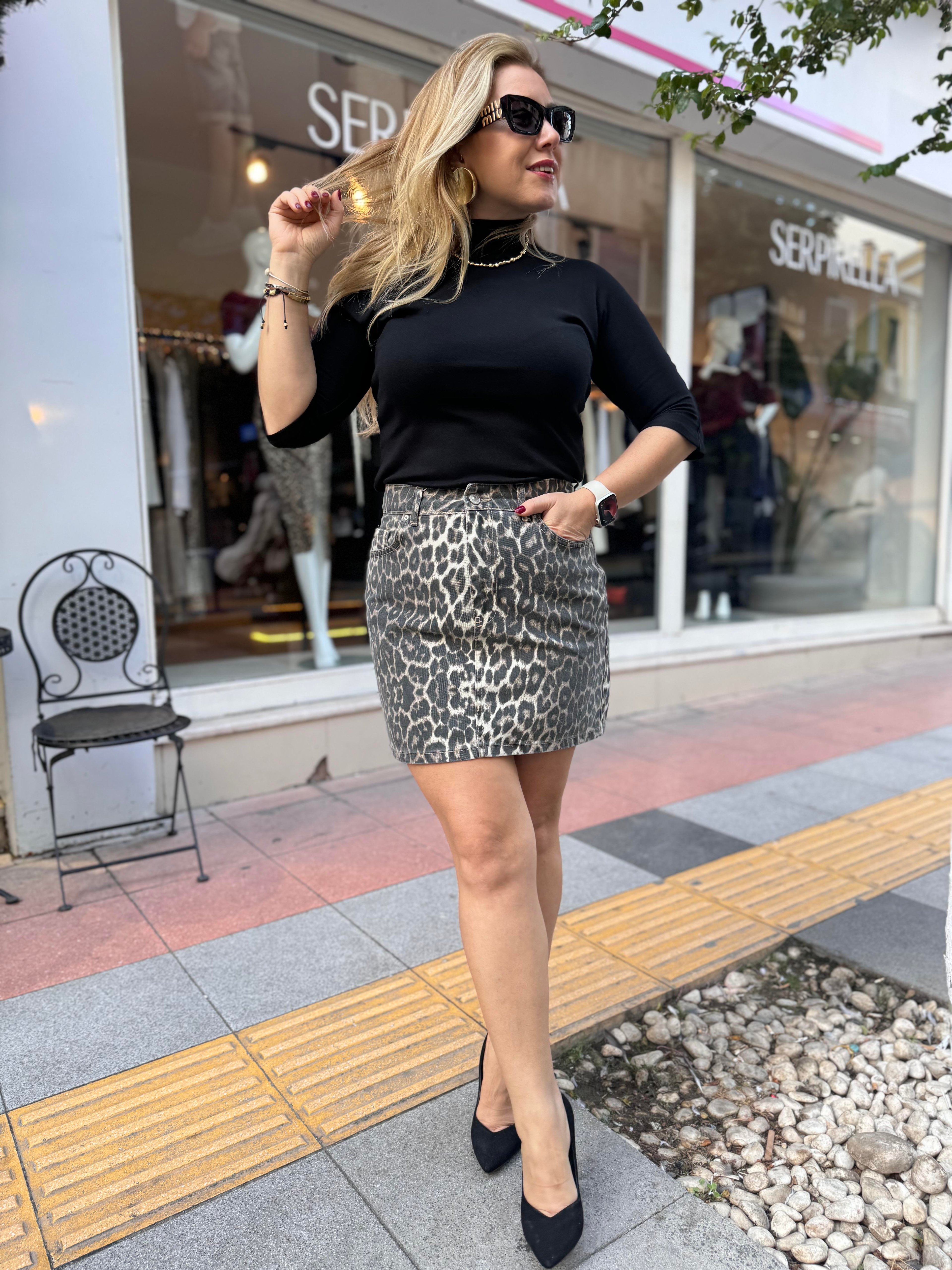 80568 Leopar Desen Mini Etek Vizon