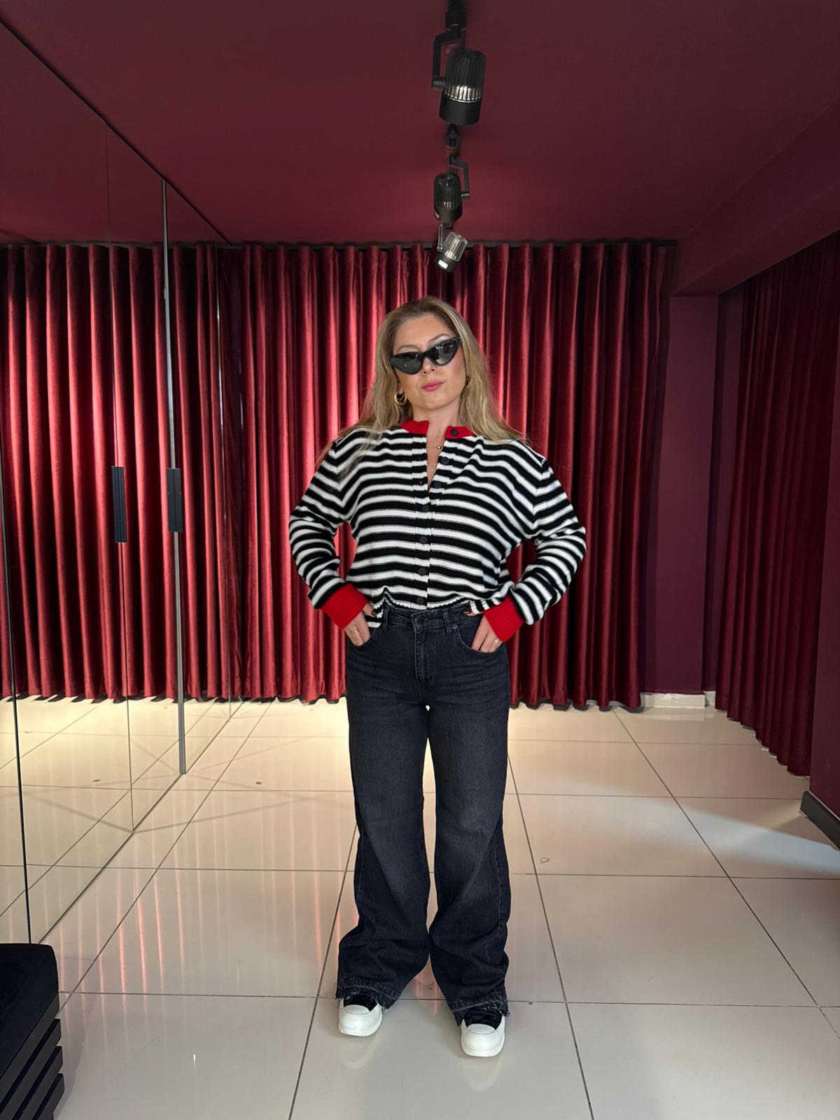 Düğme Detay Çizgili Hırka