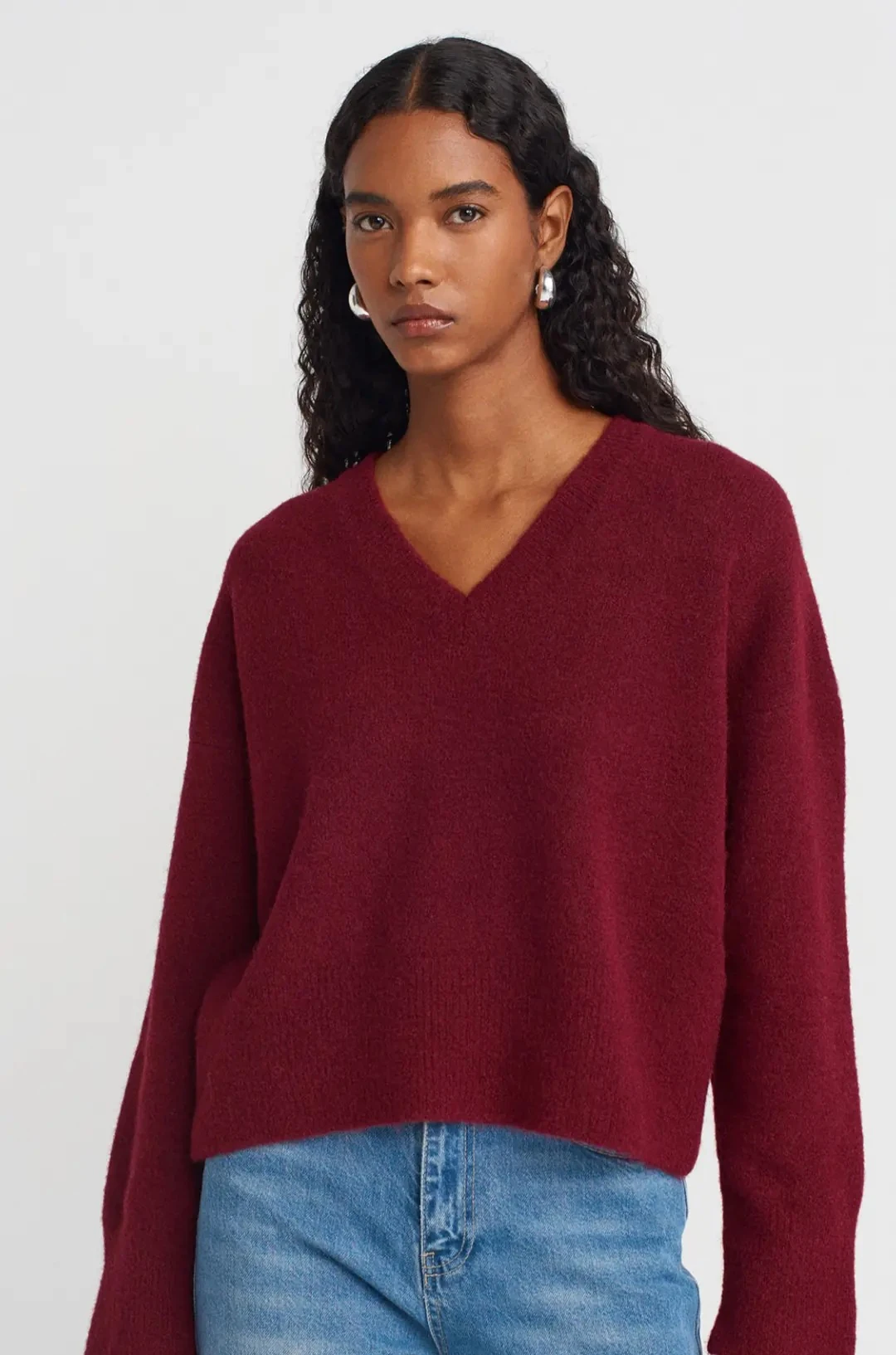 V Yaka Yumuşak Dokulu Triko Kazak - Bordo