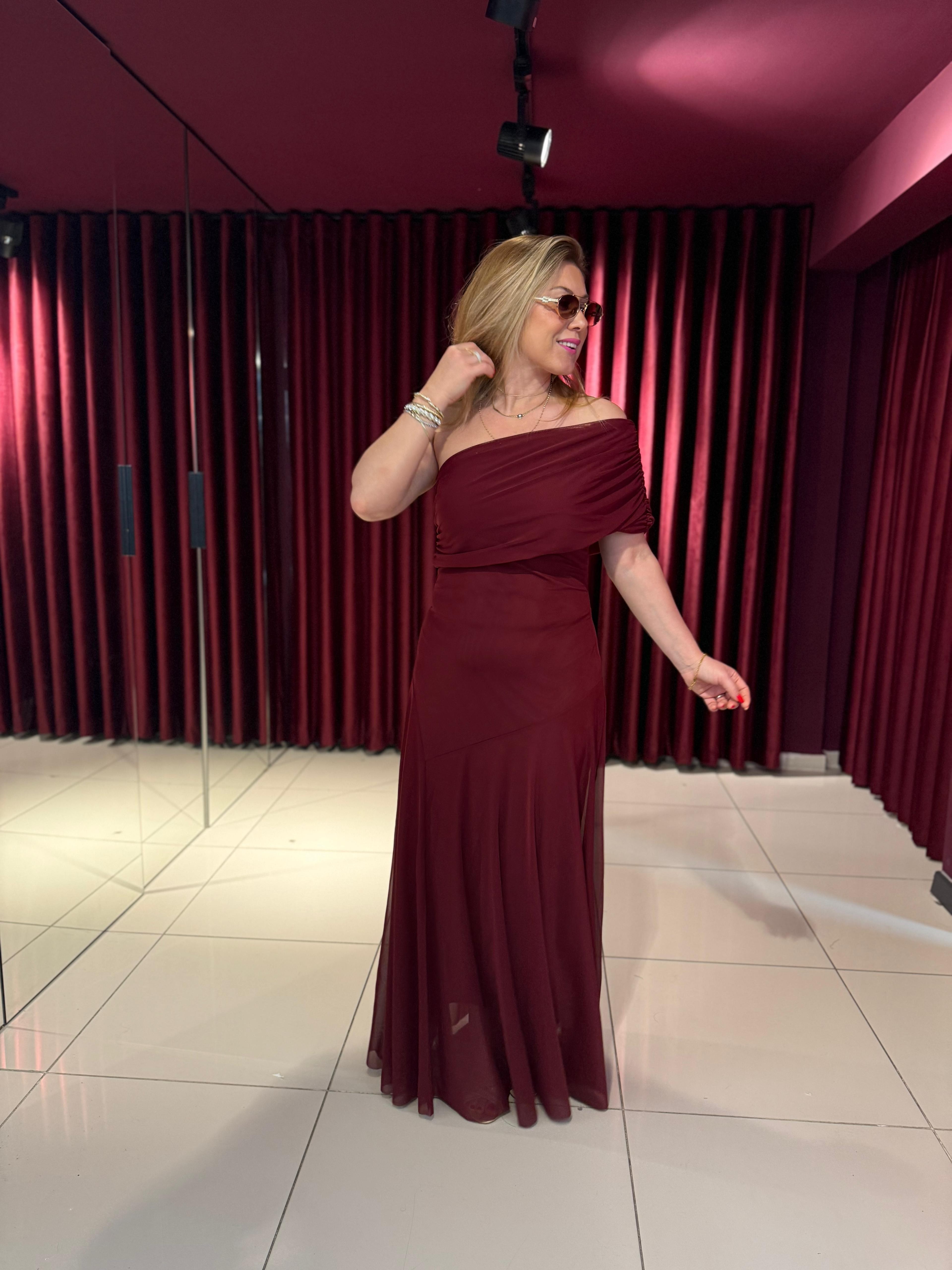 Tek Omuzlu Bordo Elbise