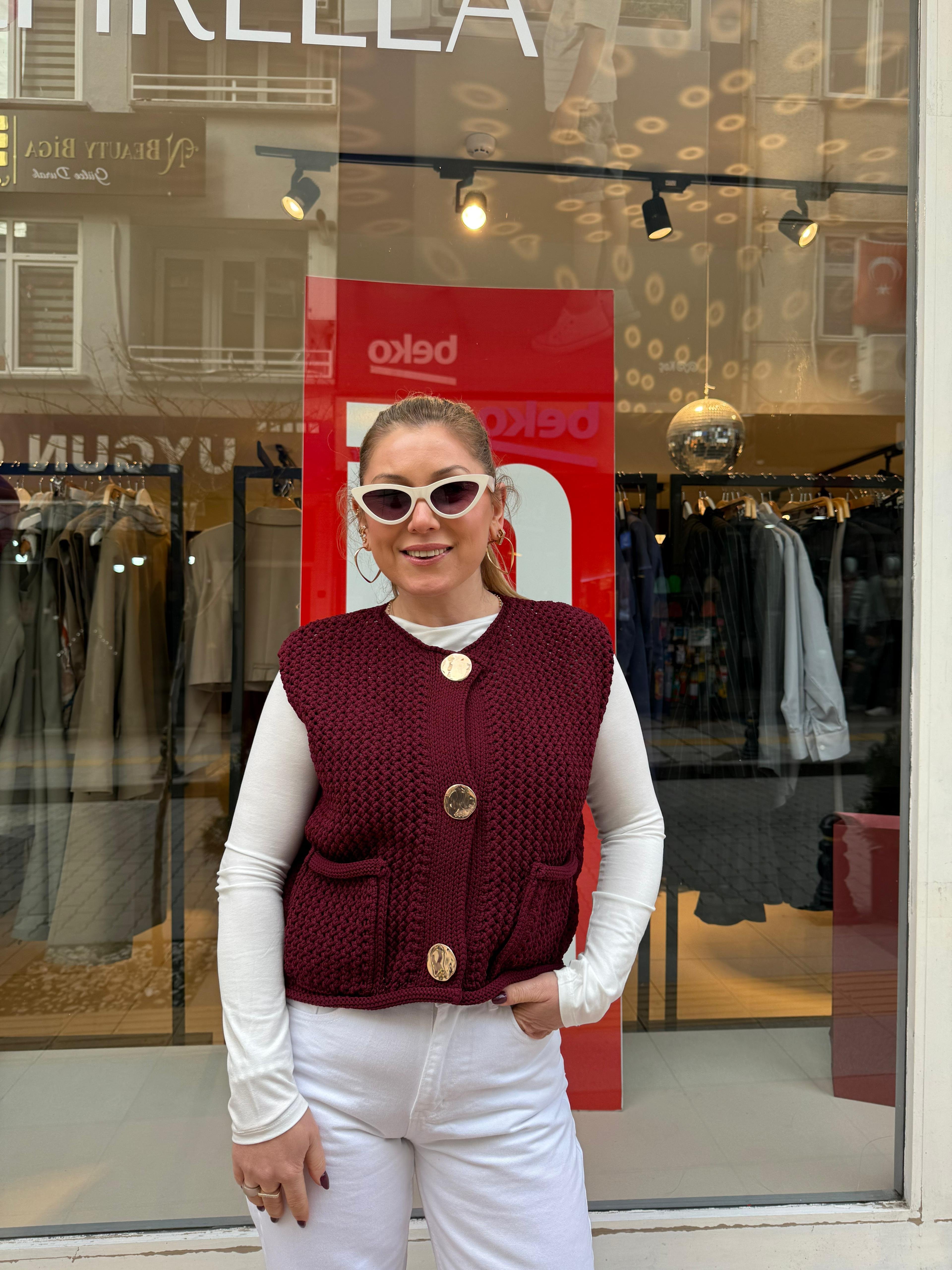 60274 Bisiklet Yaka Cepli Düğmeli Triko Yelek