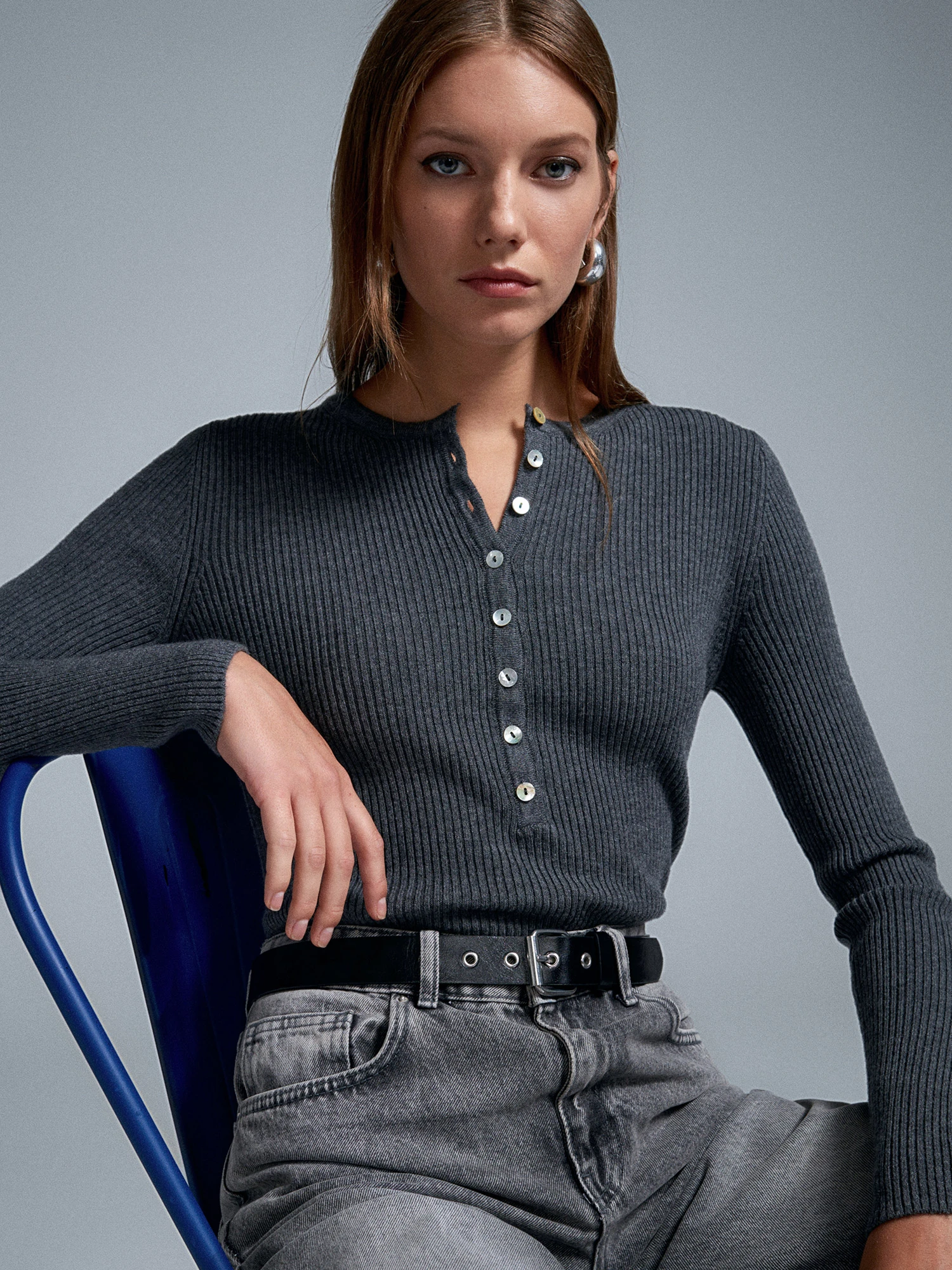 Bisiklet Yaka Yünlü Düğmeli Triko Kazak - Füme Melanj