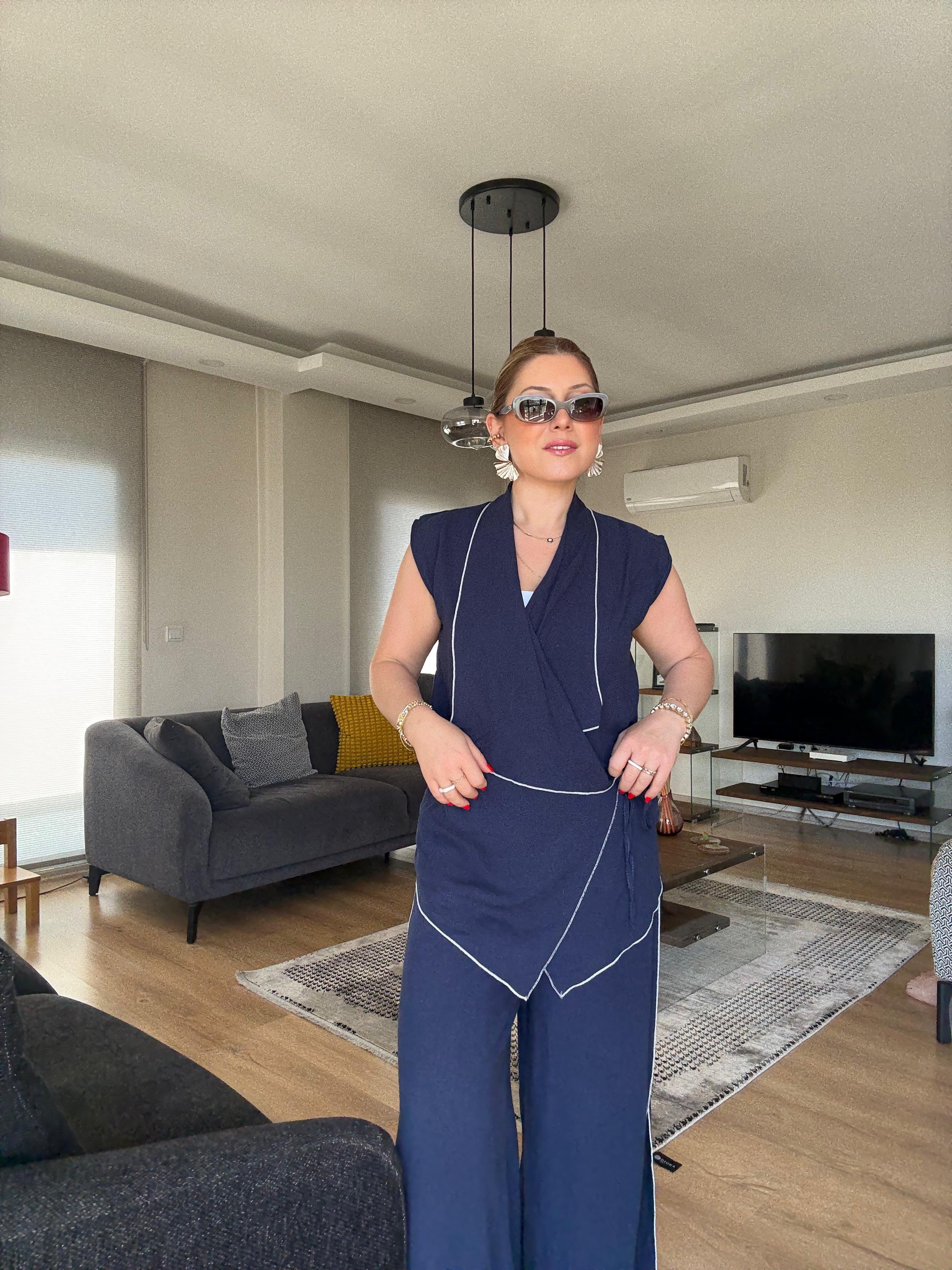 Kontrast Kimono Yelek Takım