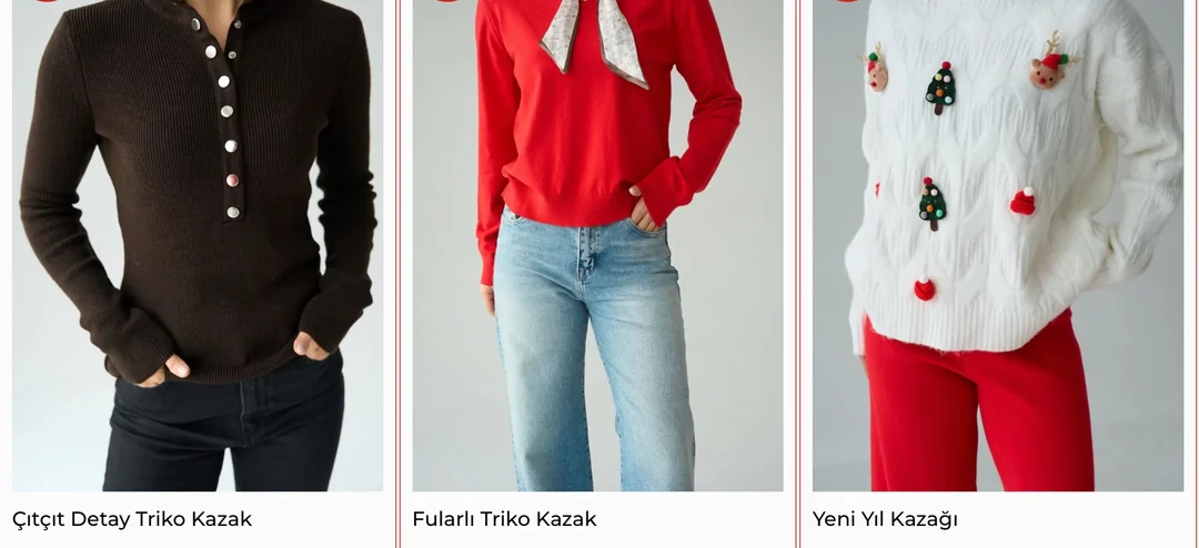 Çıtçıt Detay Triko Kazak, Fularlı kırmızı triko kazak, Beyaz yeni yıl süslemeli triko kazak