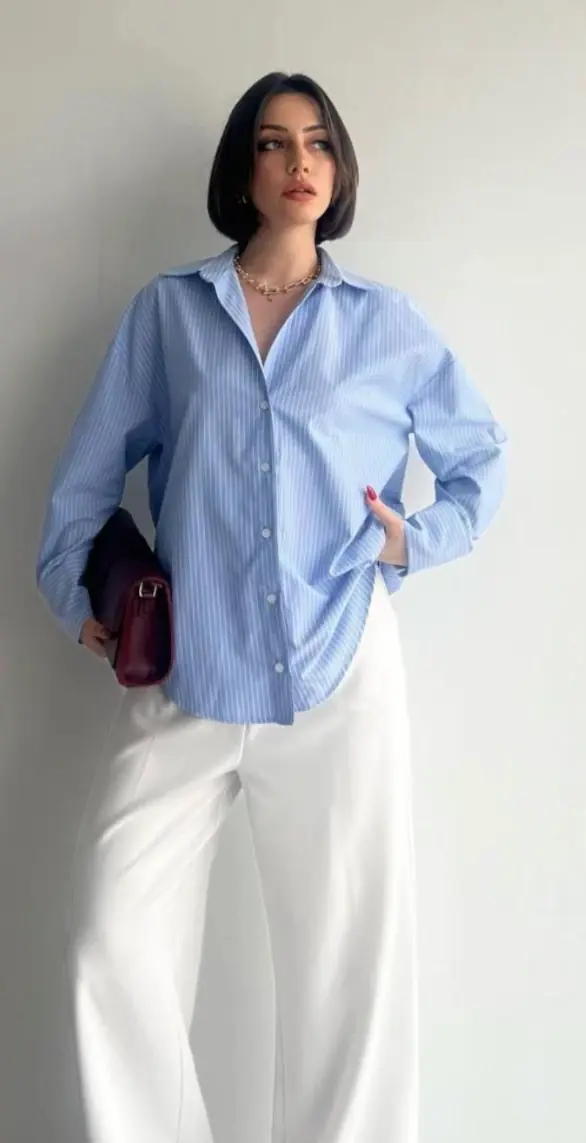Çizgili Mavi Gömlek - Beyaz Palazzo Pantolon