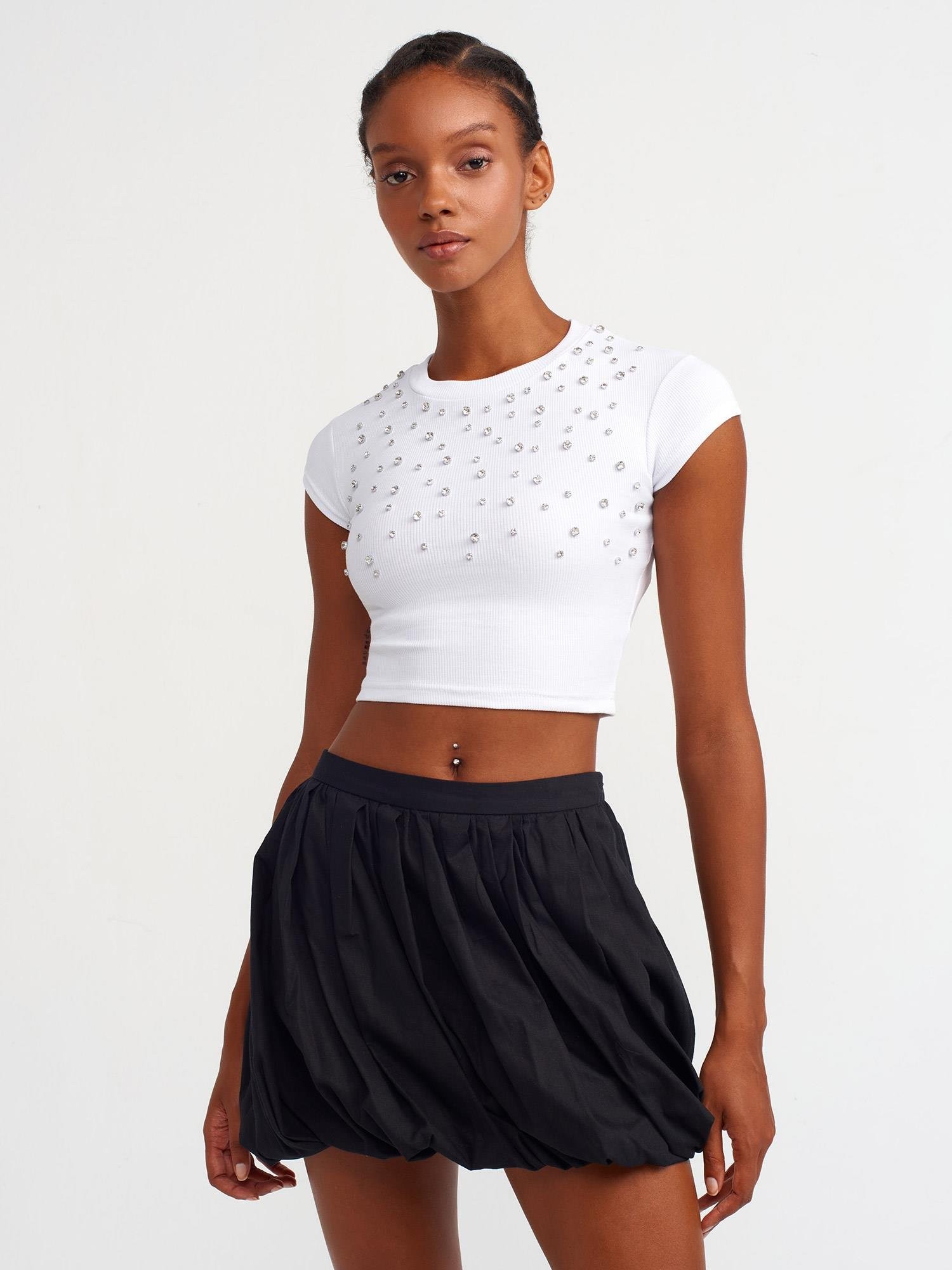 31129 Parlak Taşlı Fitilli Crop Top Beyaz