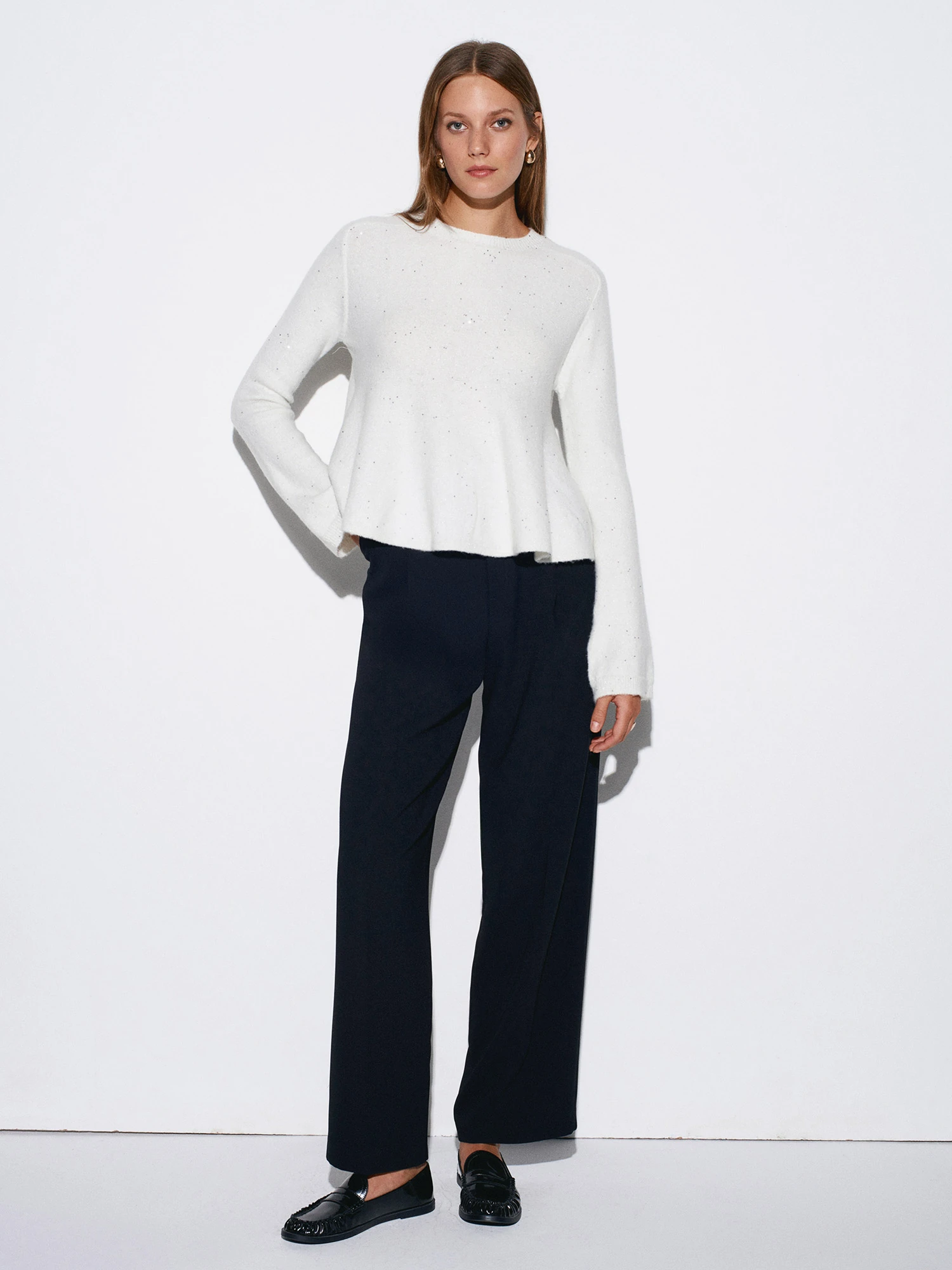 Peplum Pullu Simli Triko Kazak - Standart