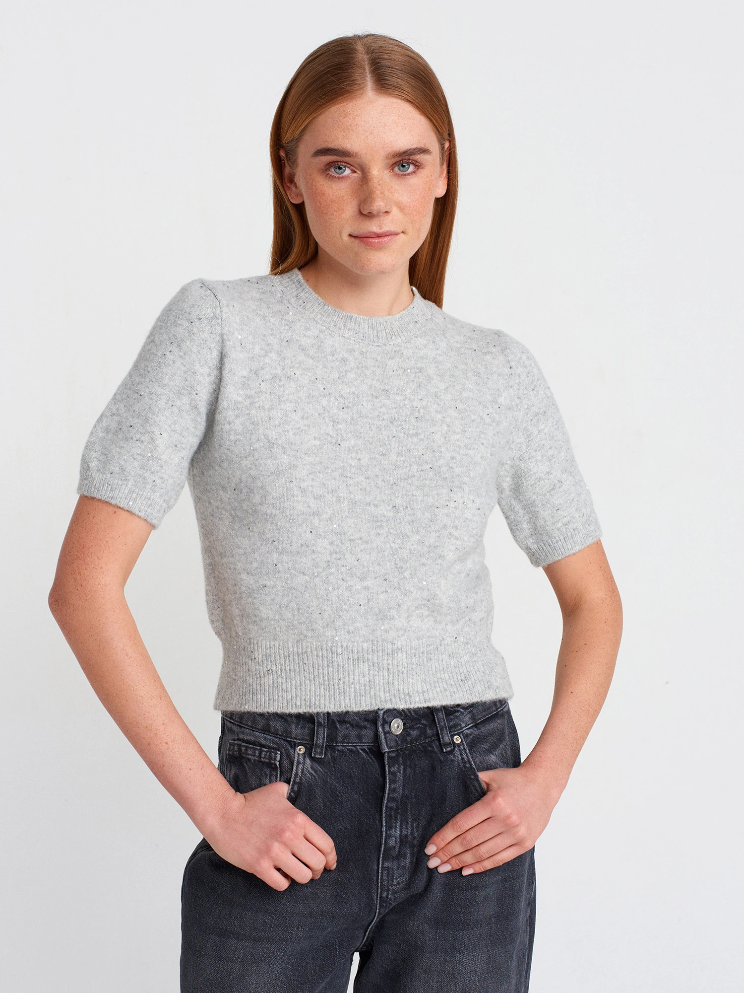 Bisiklet Yaka Pullu Simli Triko Kazak