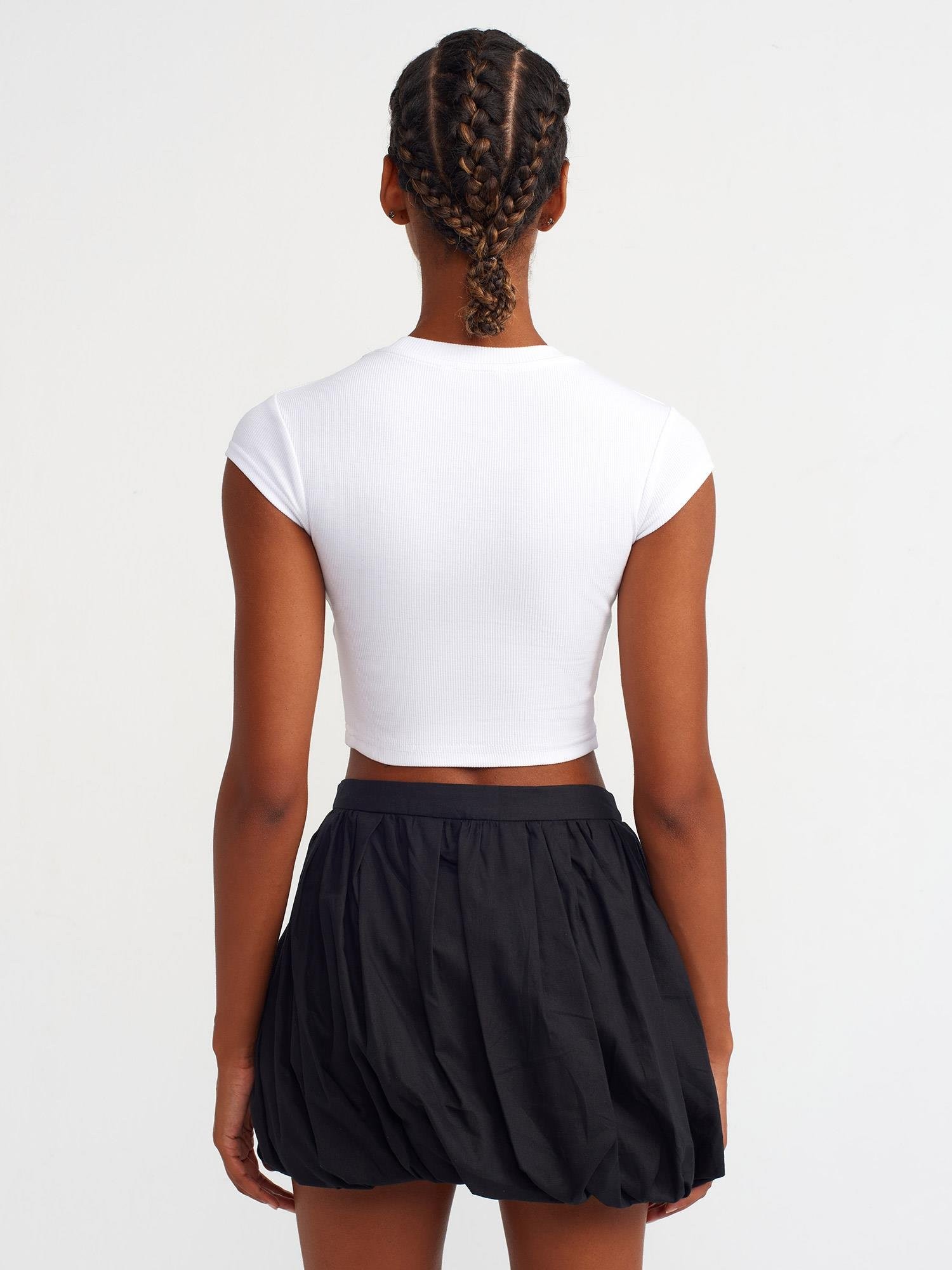 31129 Parlak Taşlı Fitilli Crop Top Beyaz