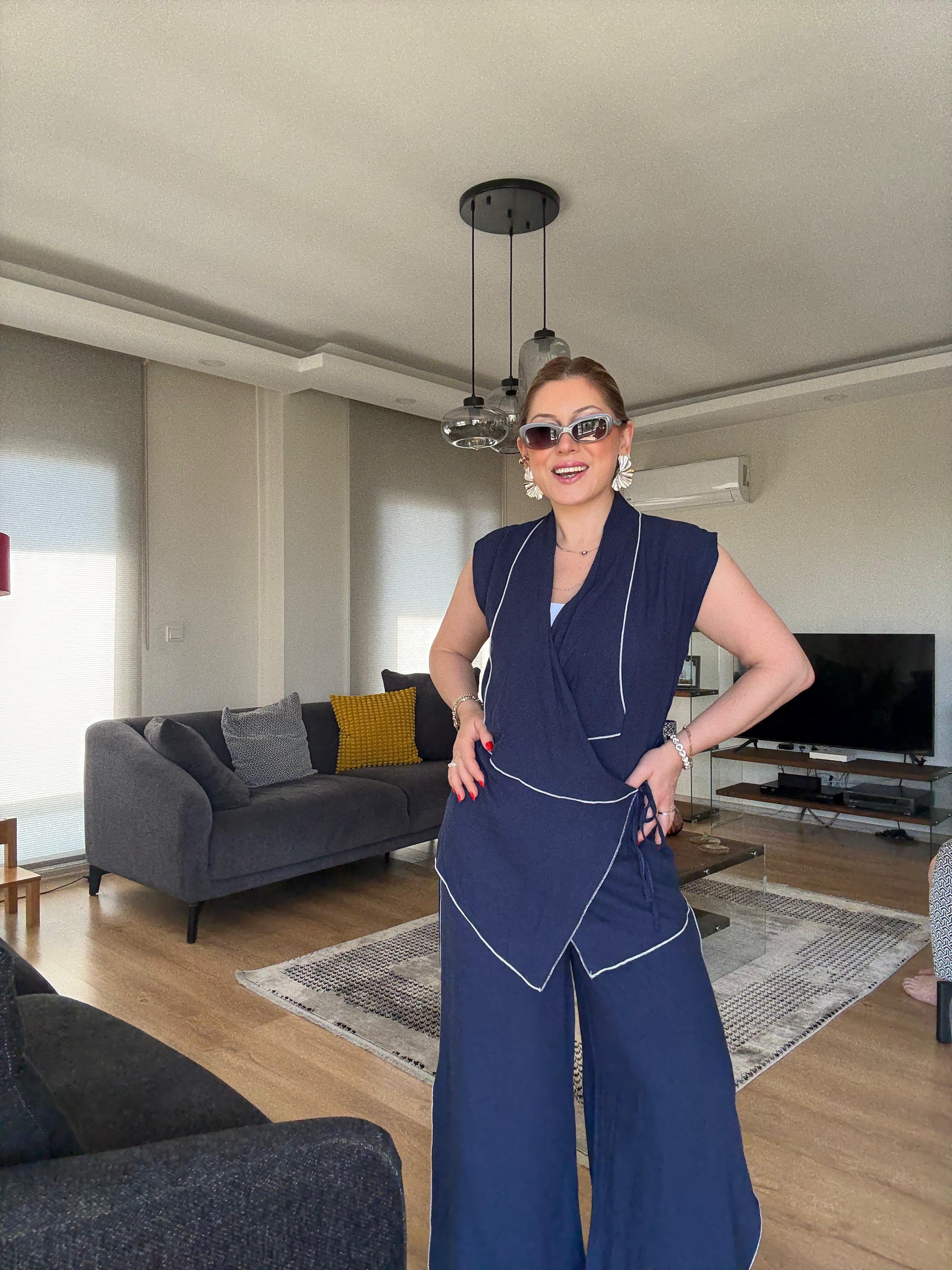 Kontrast Kimono Yelek Takım