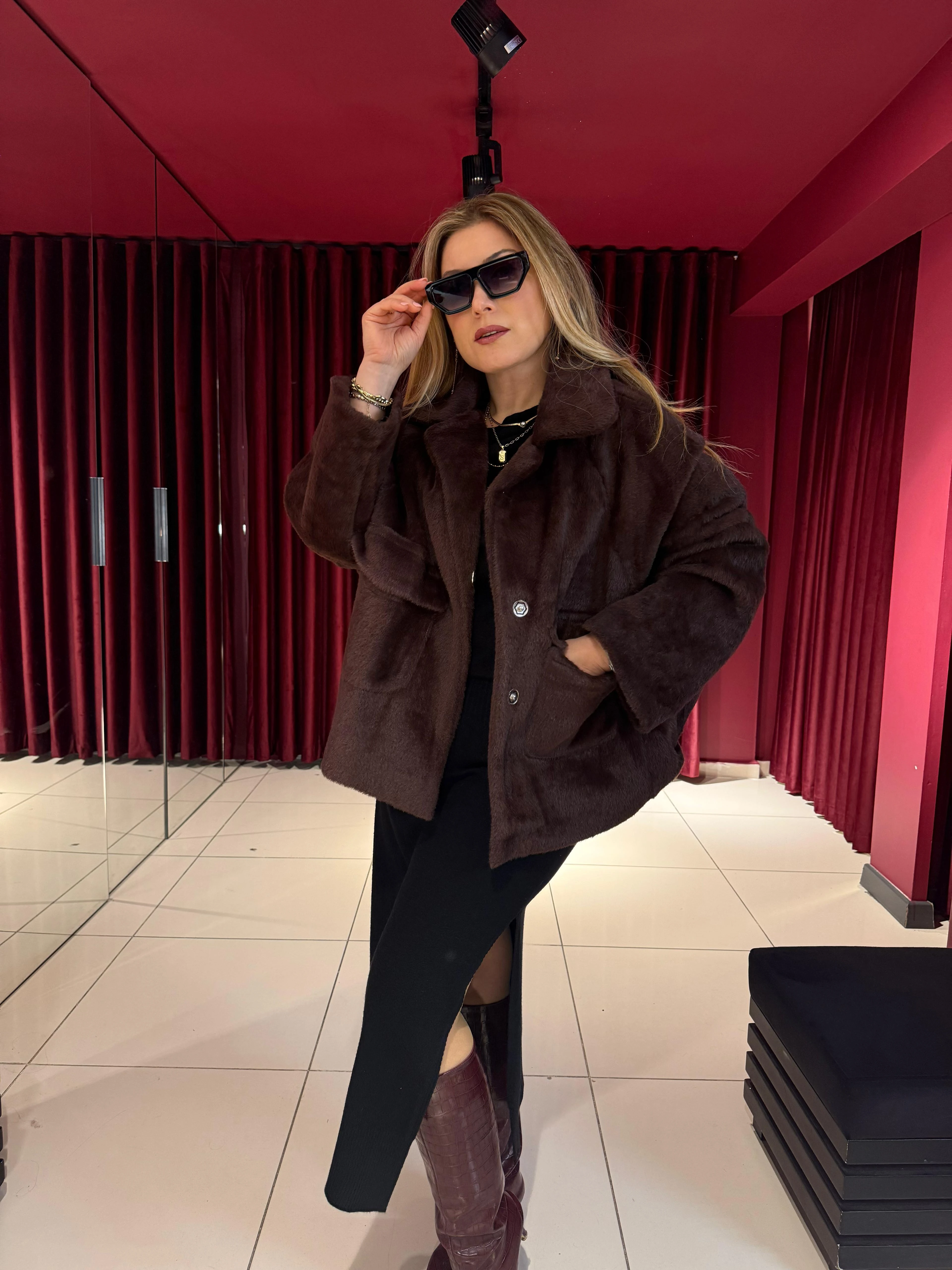 Peluş Oversize Ceket - Acı Kahve