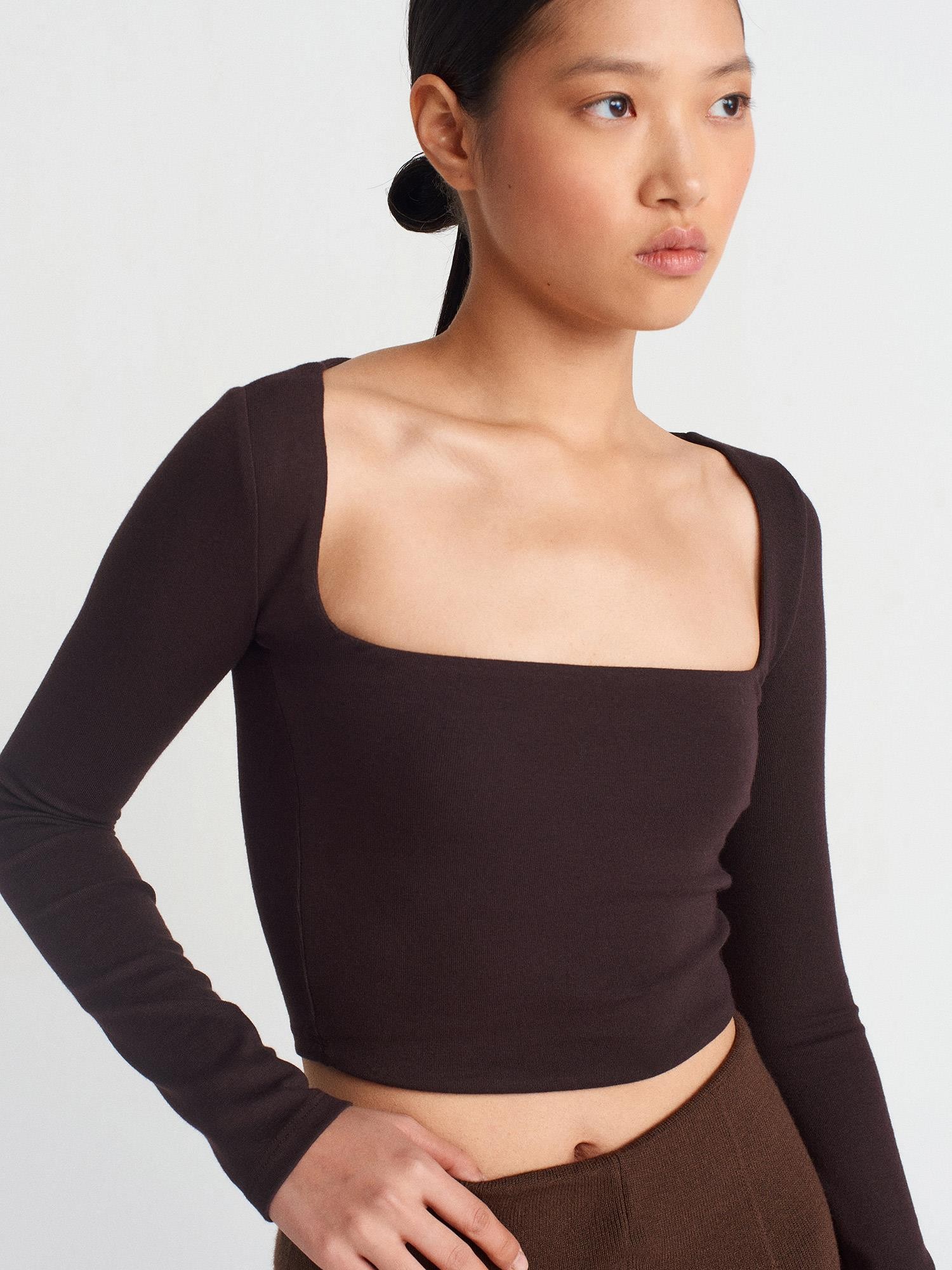 31507 Uzun Kollu Top Bluz Kahve