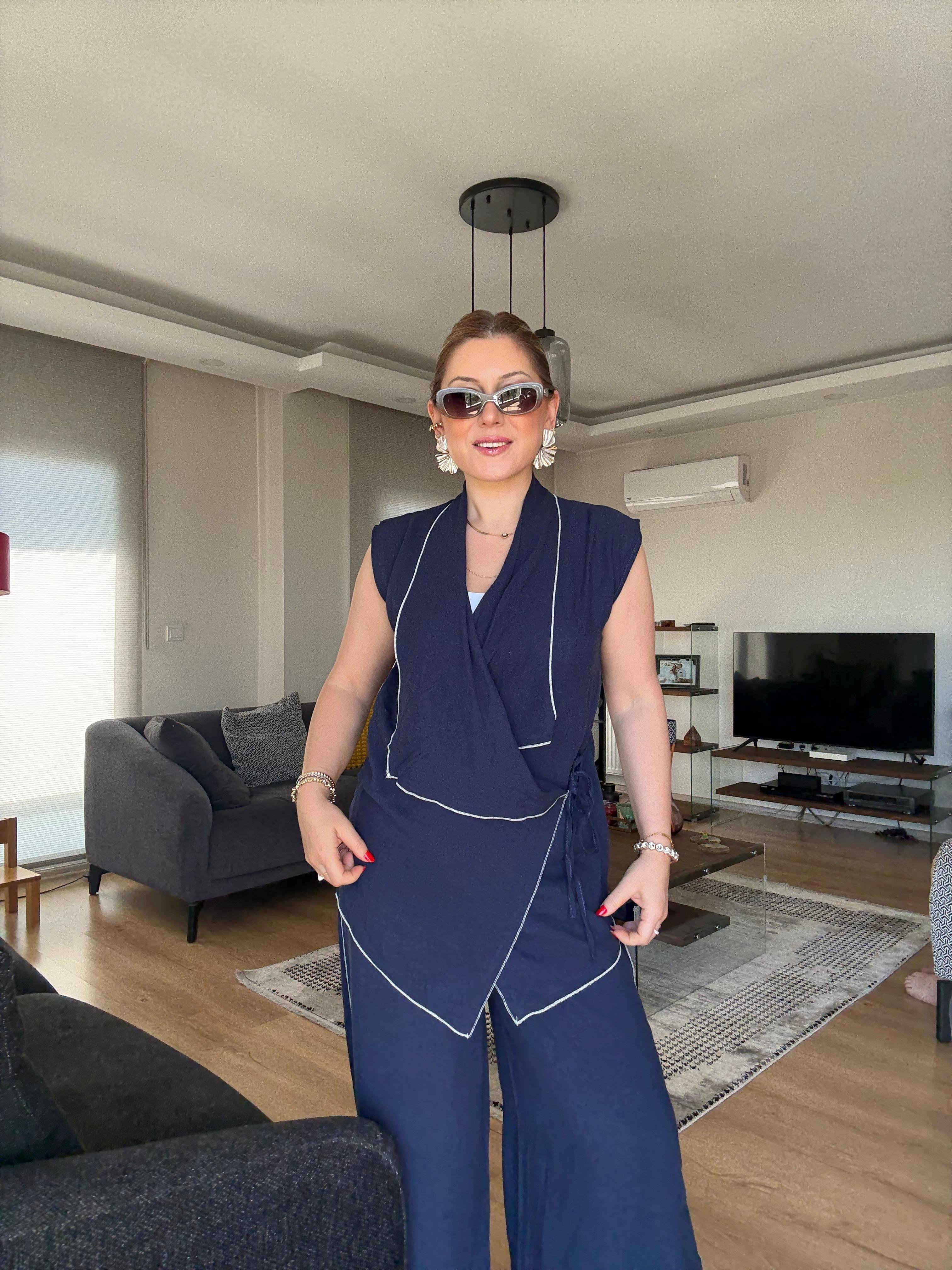 Kontrast Kimono Yelek Takım