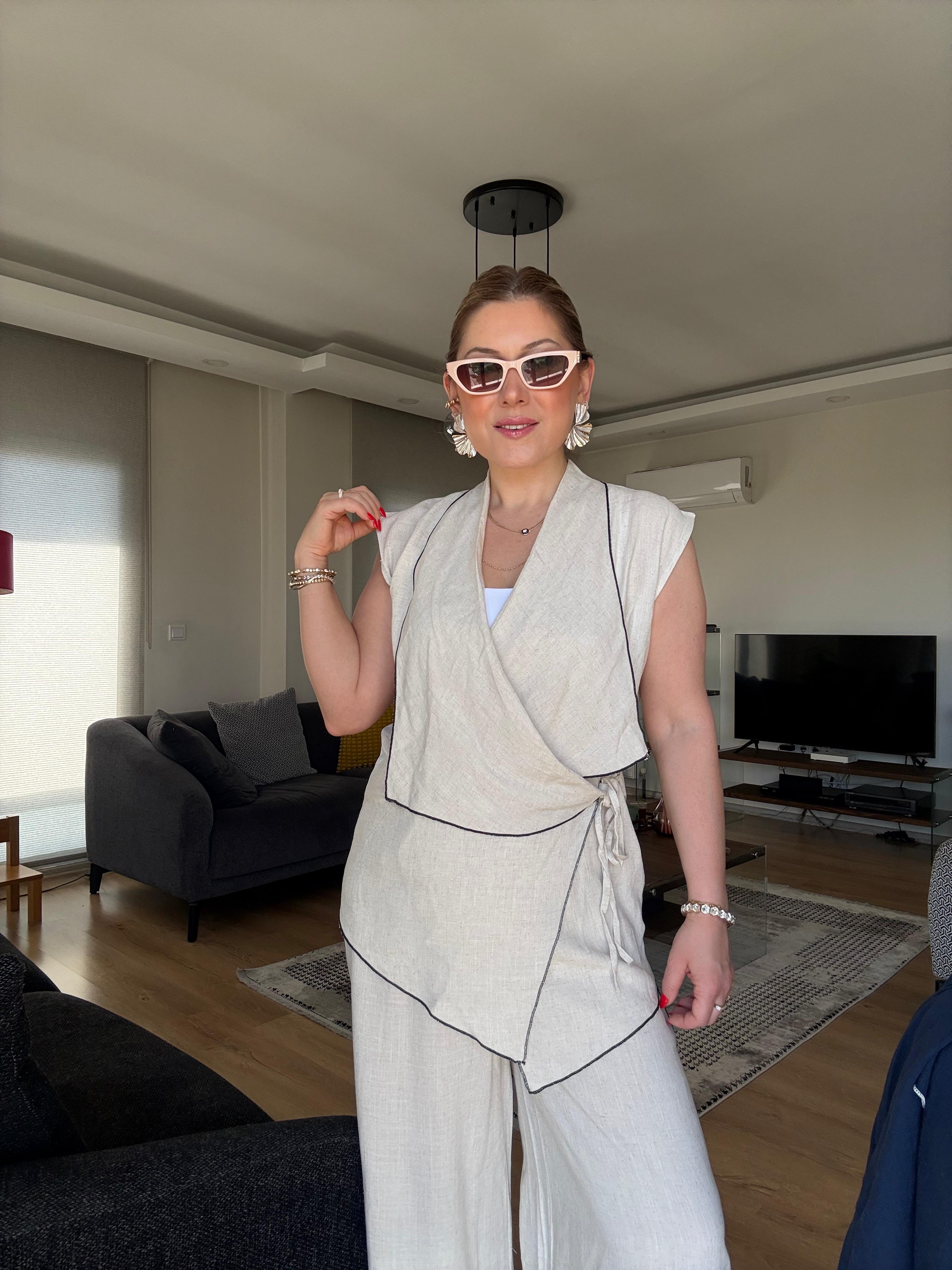 Kontrast Kimono Yelek Takım