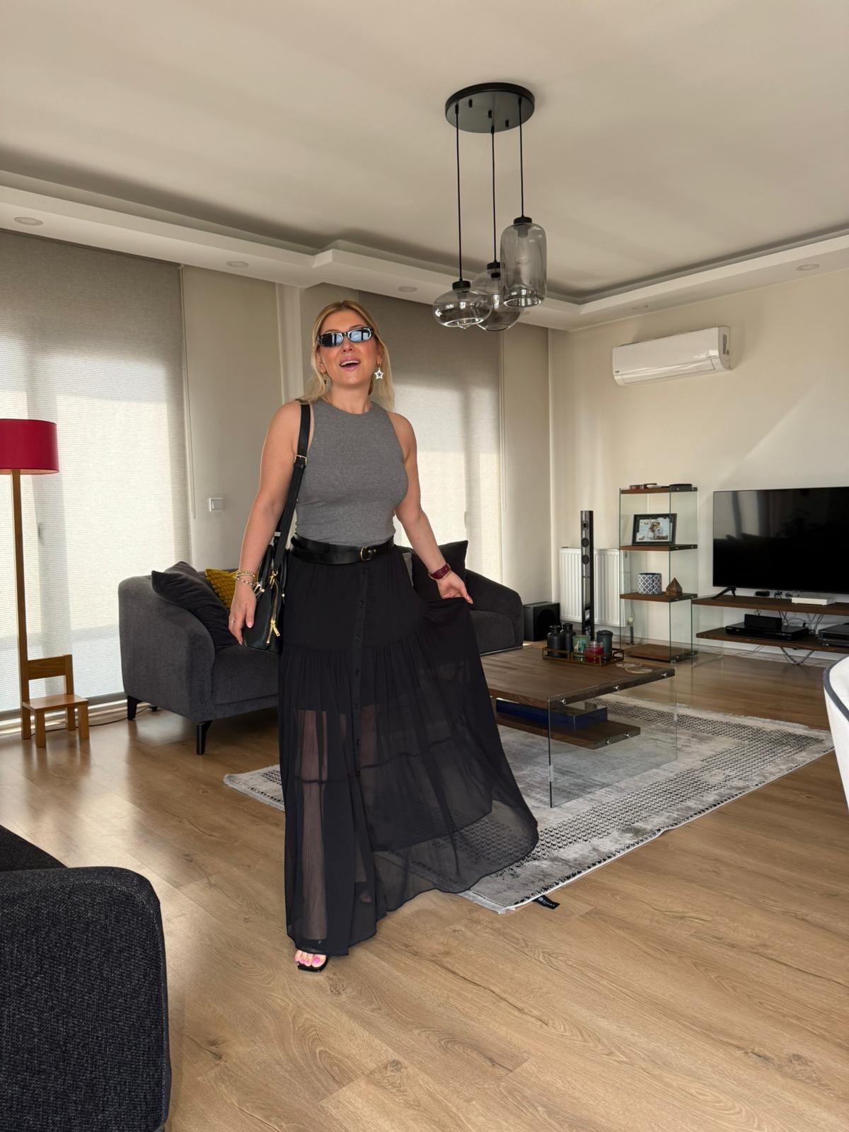 Kemerli Düğmeli Şifon Etek