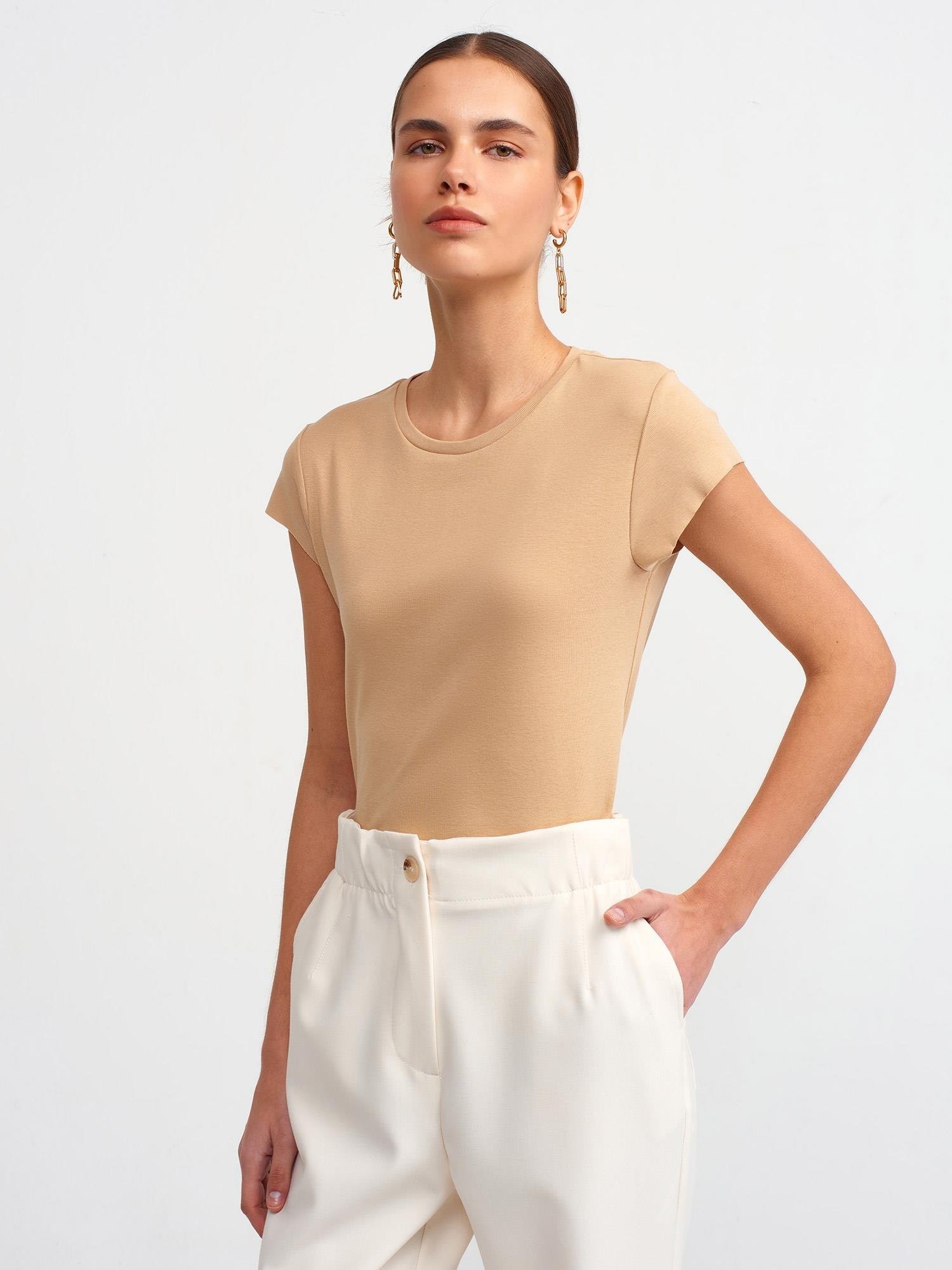 30719 Bisiklet Yaka T-Shirt Bej