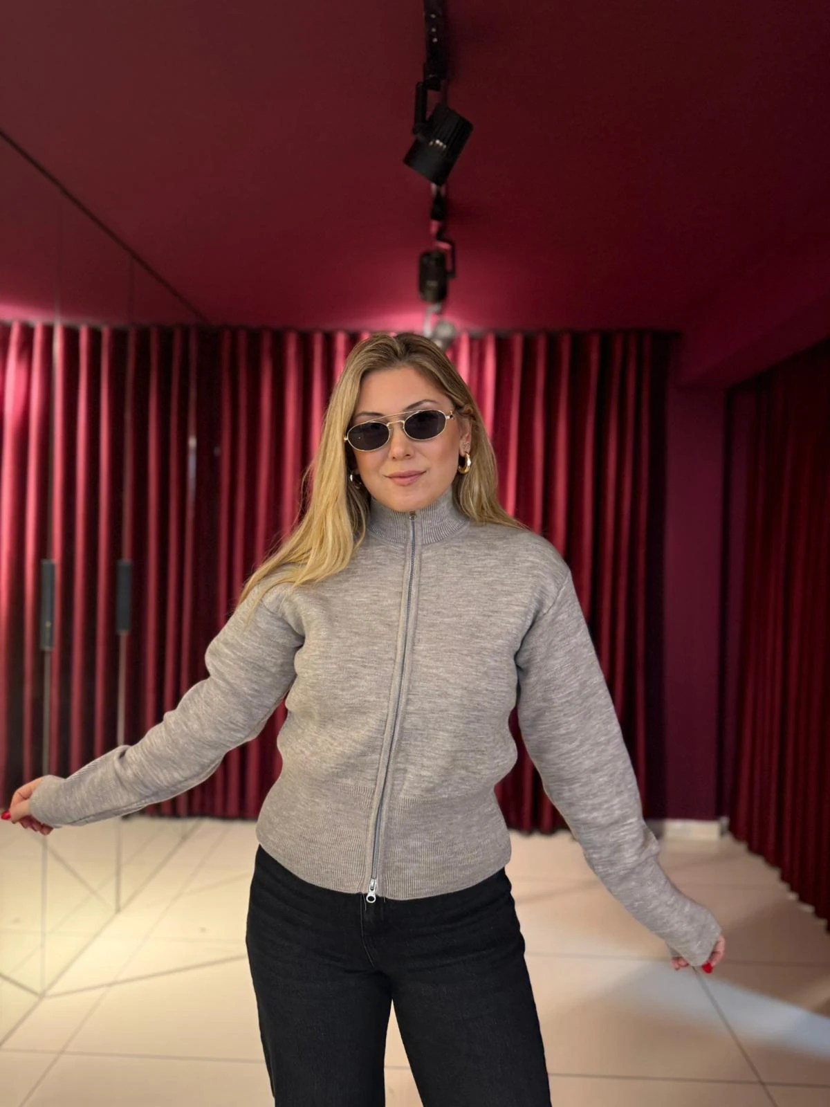 Dik Yaka Fermuarlı Hırka - Koyu Bej