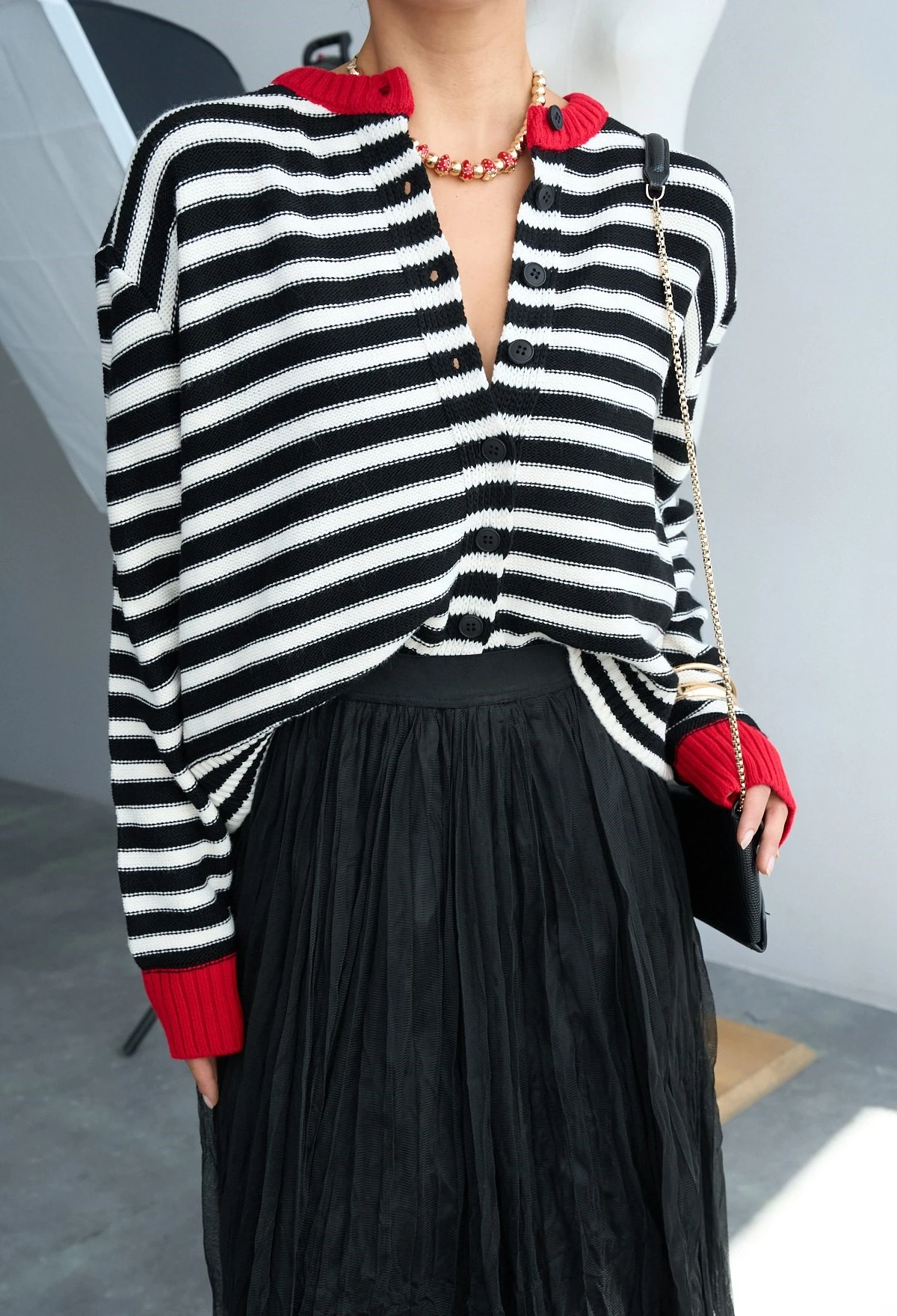 Düğme Detay Çizgili Hırka