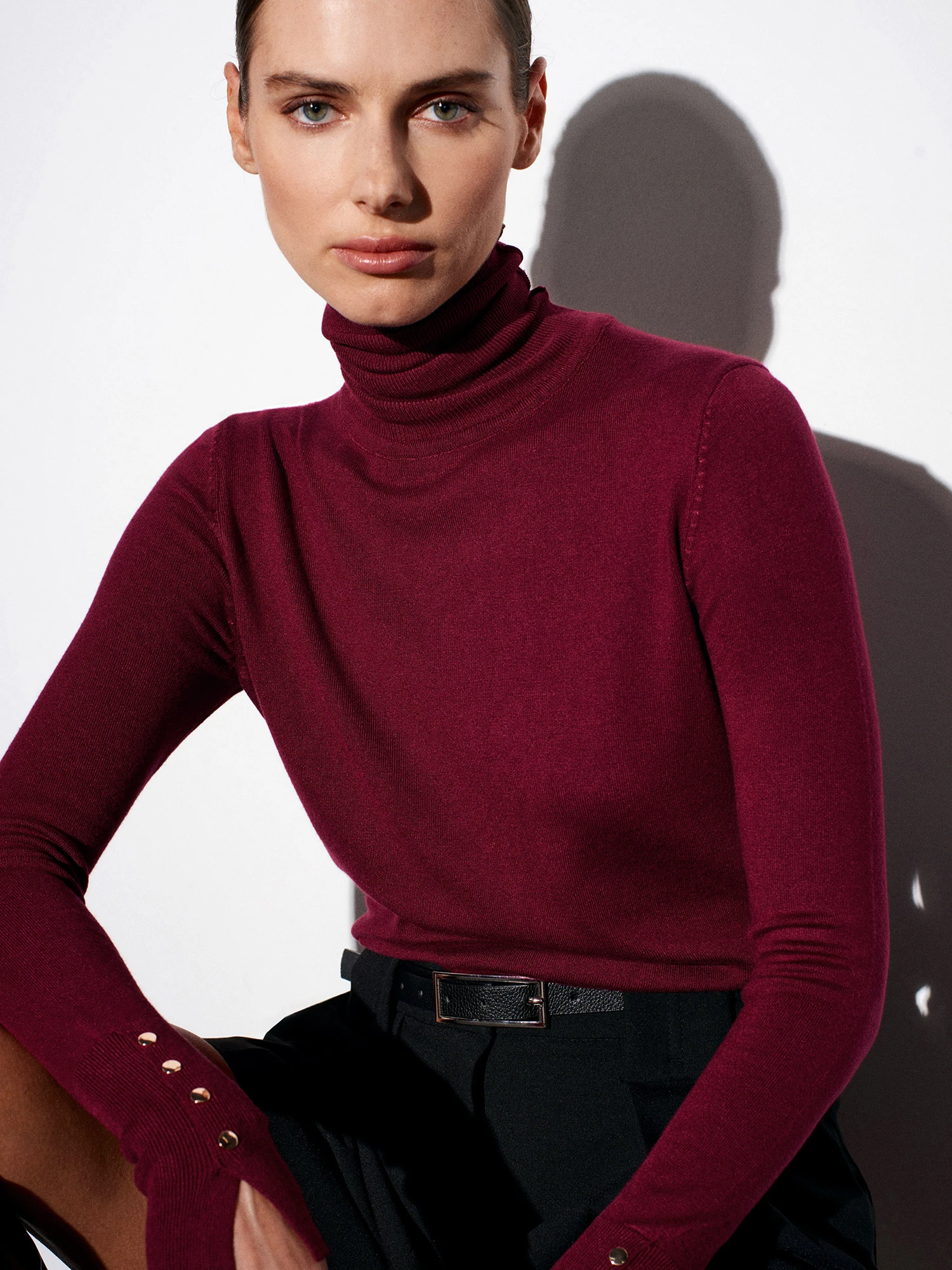 Balıkçı Yaka Kolu Droplu Kazak - Bordo