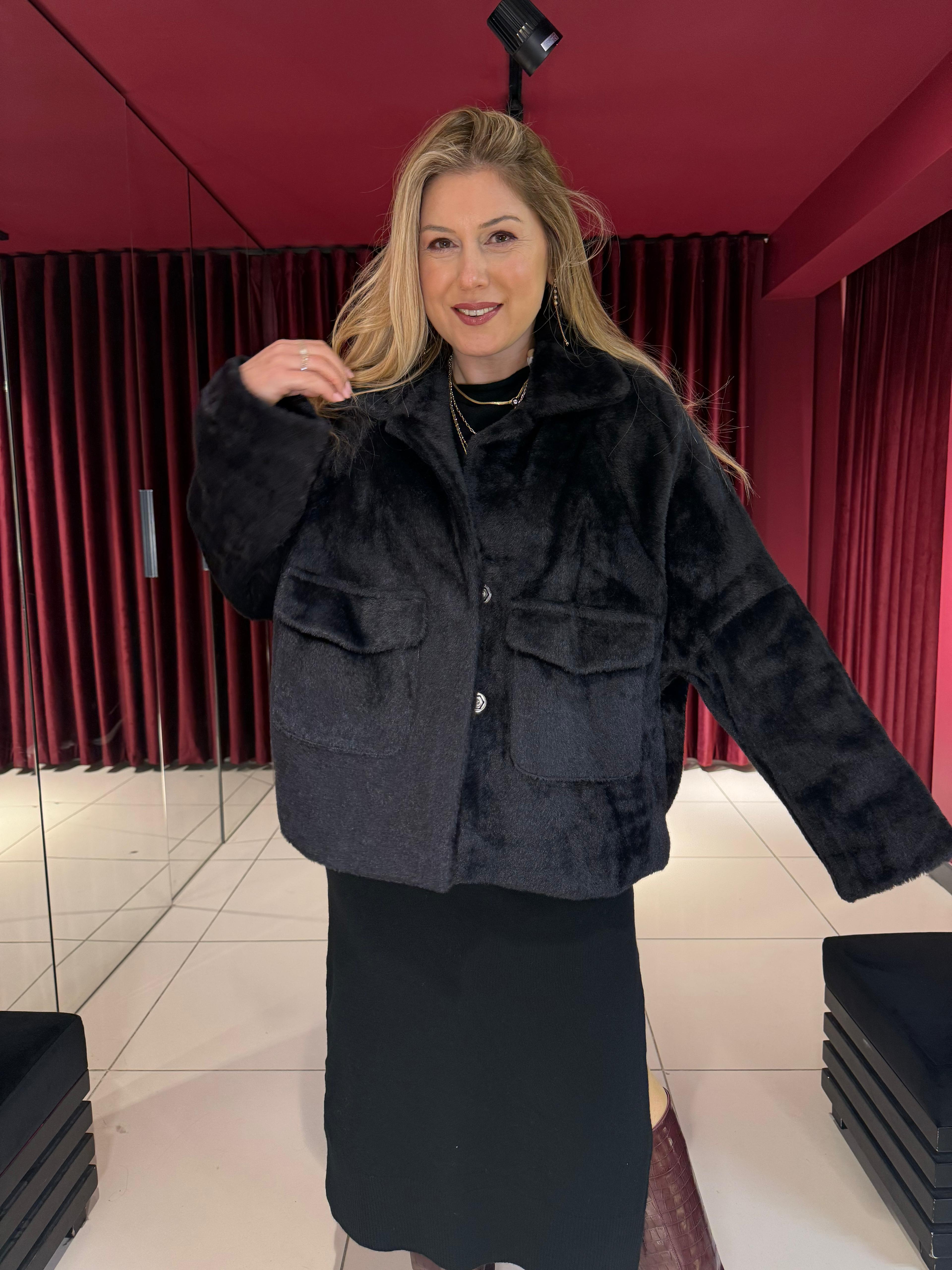 Peluş Oversize Ceket - Siyah