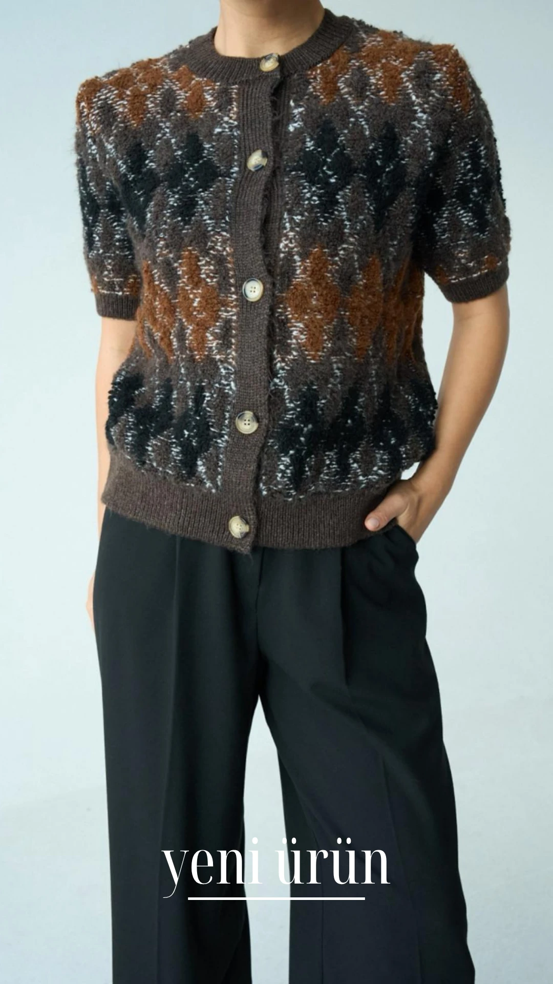 Retro Baklava Desen Kısa Kollu Hırka