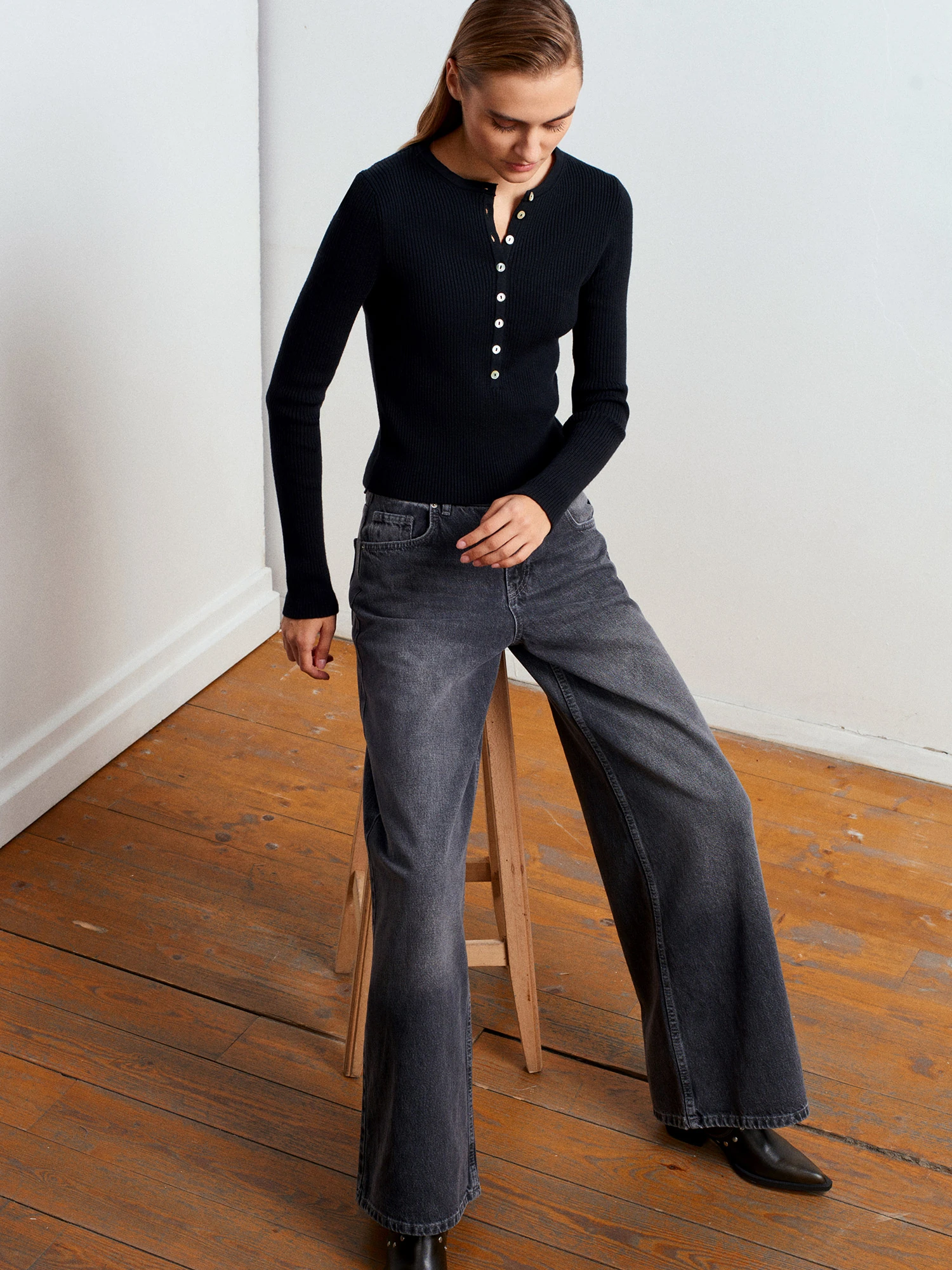 Bisiklet Yaka Yünlü Düğmeli Triko Kazak